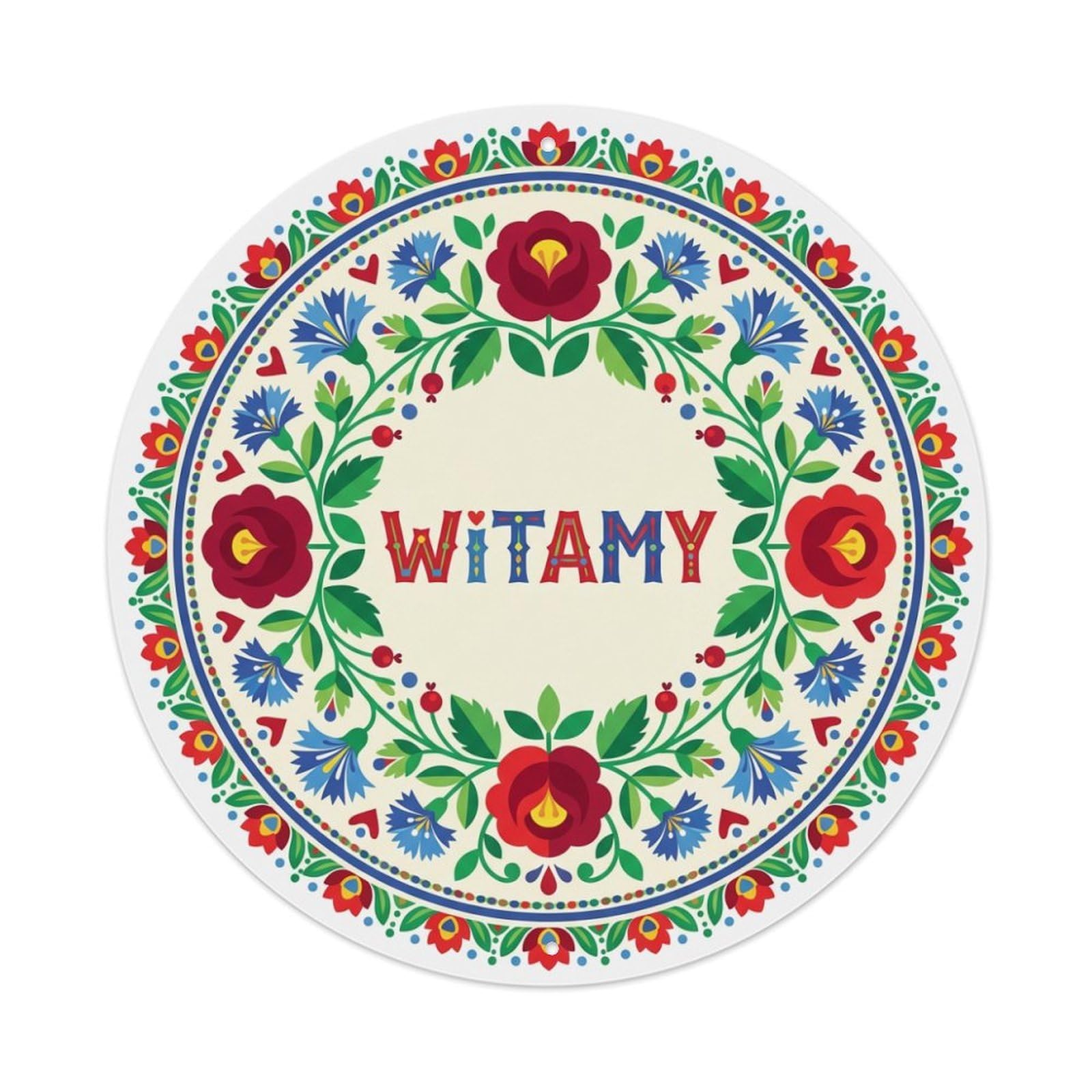Fyrn Style Metal Tin Sign Vintage Polish Folk Art Witamy Welcome Floral Wreath