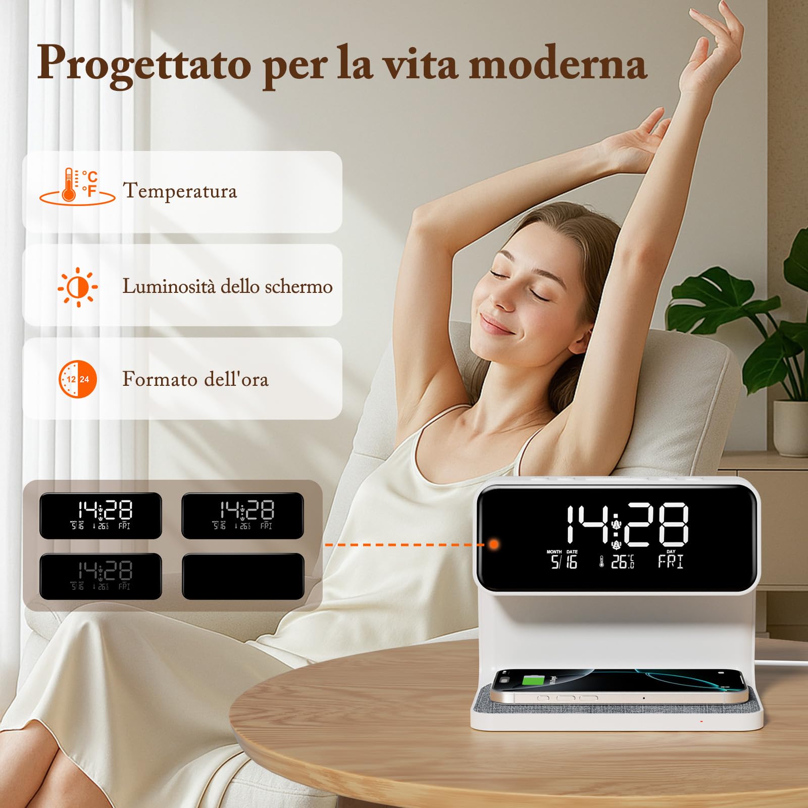 Sveglia Digitale, Sveglia da Comodino con Ricarica Wireless 15W, Display LED Temperatura/Data/2 Allarme/Snooze Regolabile/ 12/24Ore, Sveglia Luminosa con Touch Dimmerabile per Adulti e Bambini