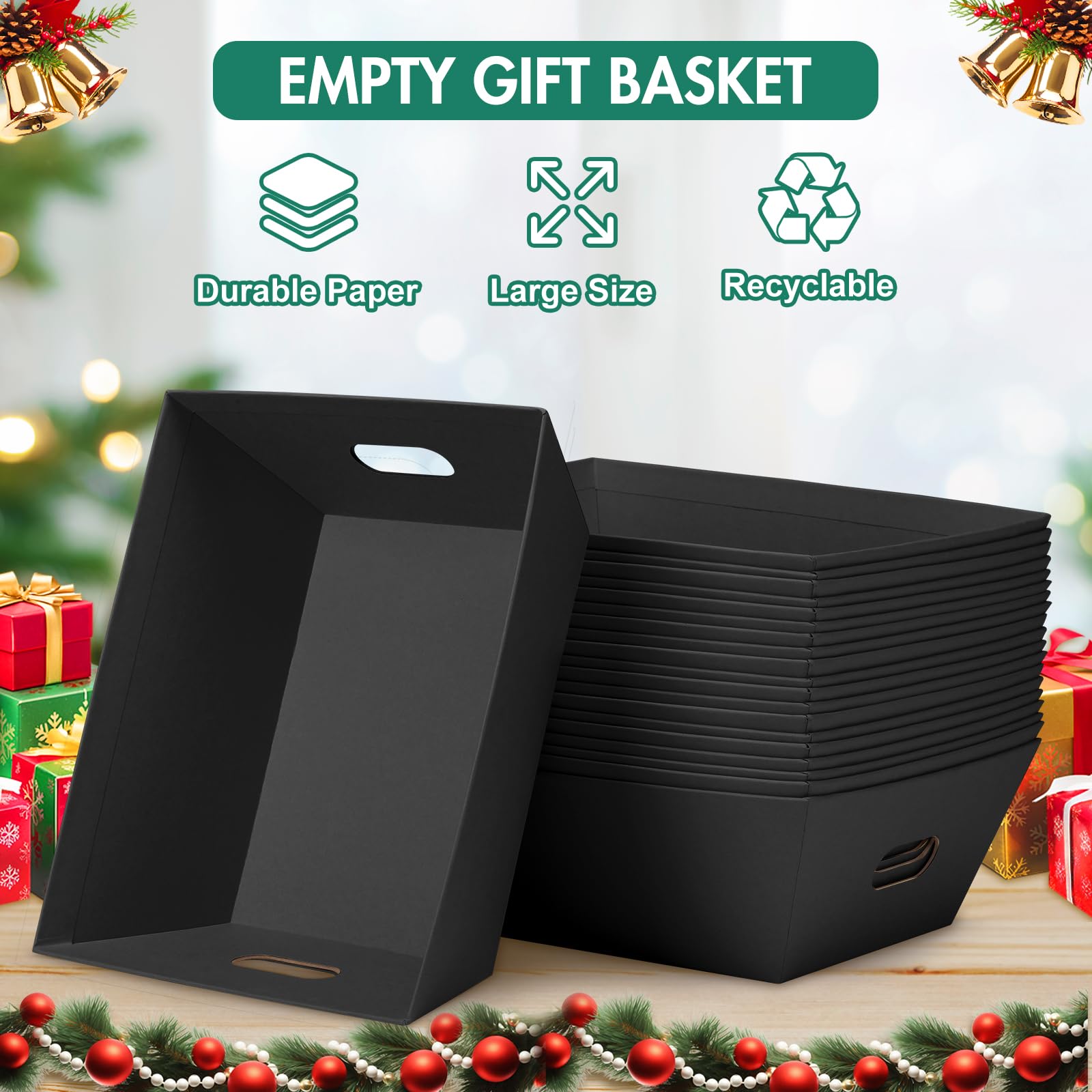 AFOROEOA 6PACK Black Baskets For Gifts Empty, 10x12”Thick Black Gift Basket with 6 Bows 6 Bags Empty Gift Baskets for Christmas Thanksgiving Wedding Birthday Party Wrapping Gift