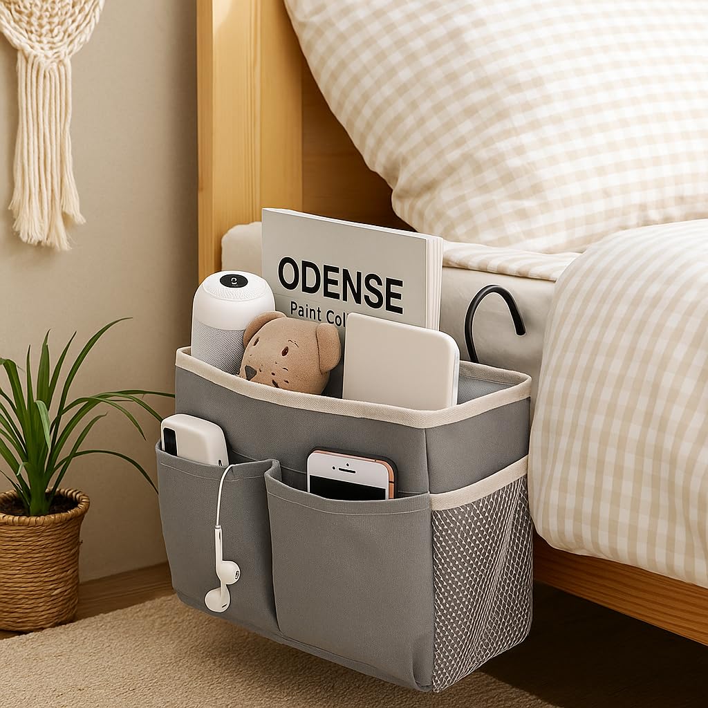 axenta Bedroom Accessories Hanging Bedside Caddy, Bed Side Storage Organiser Multipurpose cloth hanging shelf, Bedroom Organiser Dorm bed hanging basket Hostel Essentials,(grey)