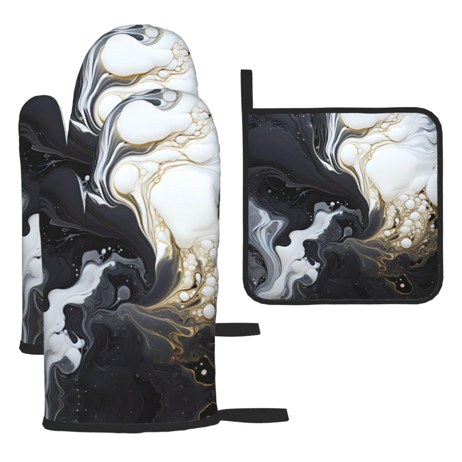 Black and white marbling Oven mittens and oven mitts three-piece set suitable for oven, grilling, baking, microwave and home cooking.