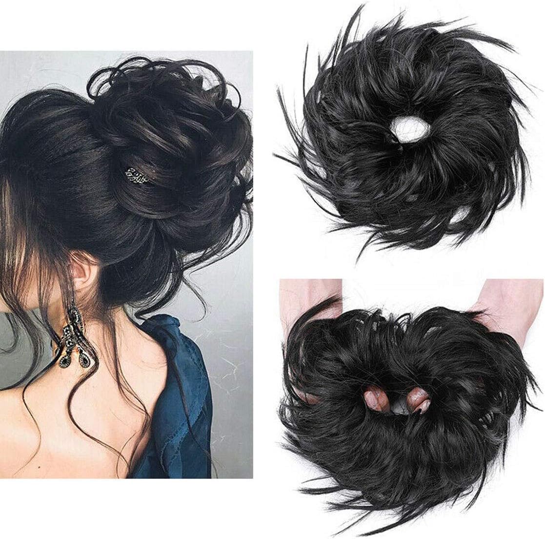 Real Fashion Tousled Updo Hair Pieces Messy Bun Hair-Scrunchies Extensions Hairpieces Ponytails HairExtensions for Women Dark Black