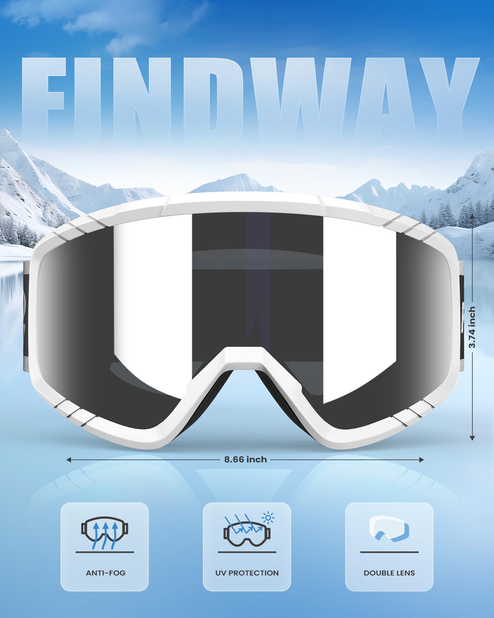 Findway Maschera da Sci, Occhiali da Sci per Uomo Donna Teenager OTG Maschere Sci, 100% Anti-UV Maschera Sci, Anti Nebbia, Adatto a Snowboard, Motocross e Altri Sport Invernali