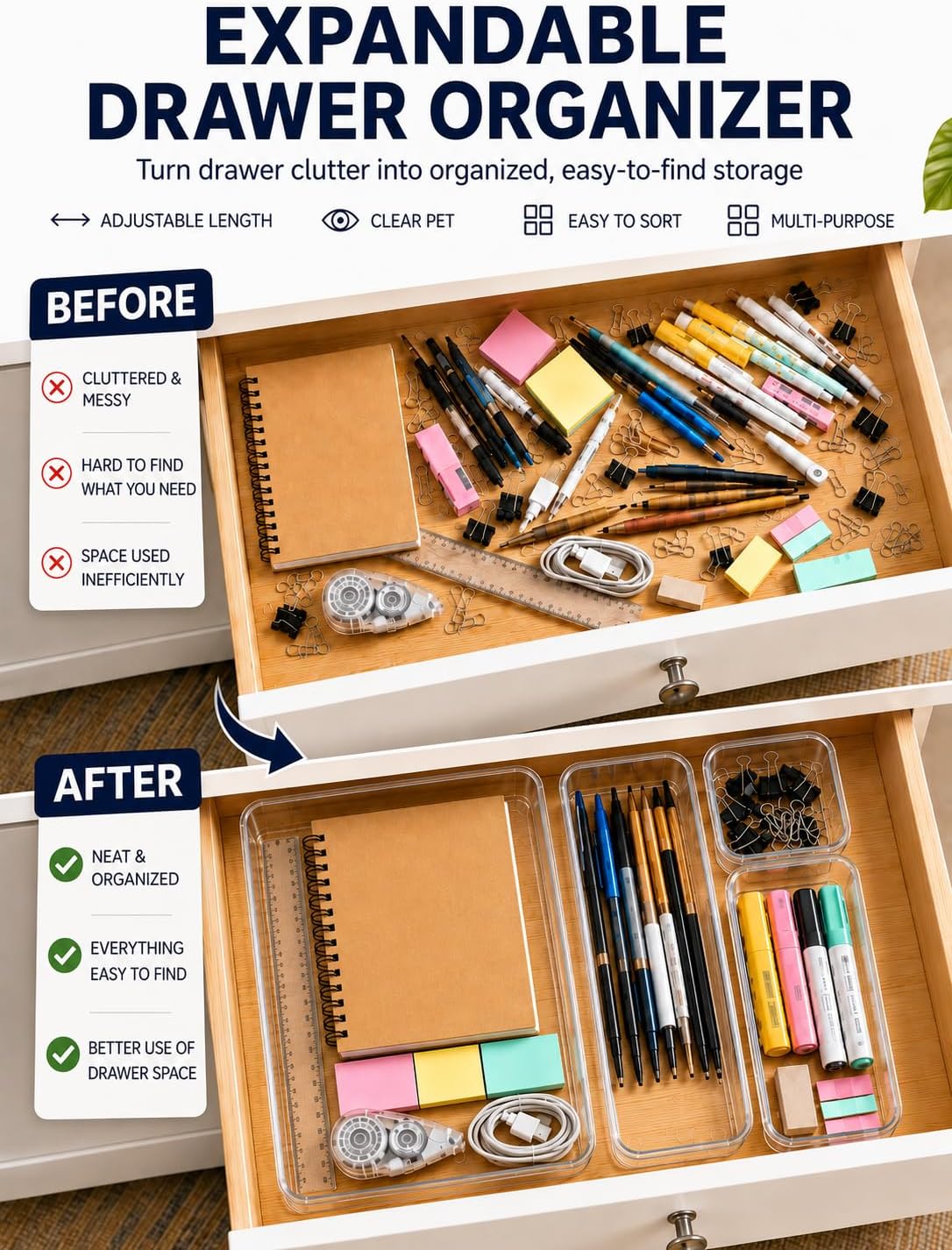 30 PCS Adjustable Expandable Clear Plastic Drawer Organizers image 4