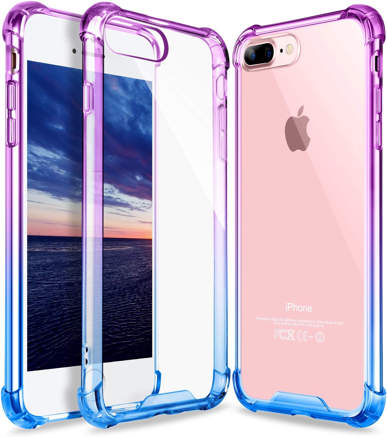 GeekZone Compatibel with iPhone 8 Plus Case and 7 Plus Case, Crystal Colorful Shock Absorption Hard Back Panel TPU Bumper Drop Protection Cover (Blue Purple)