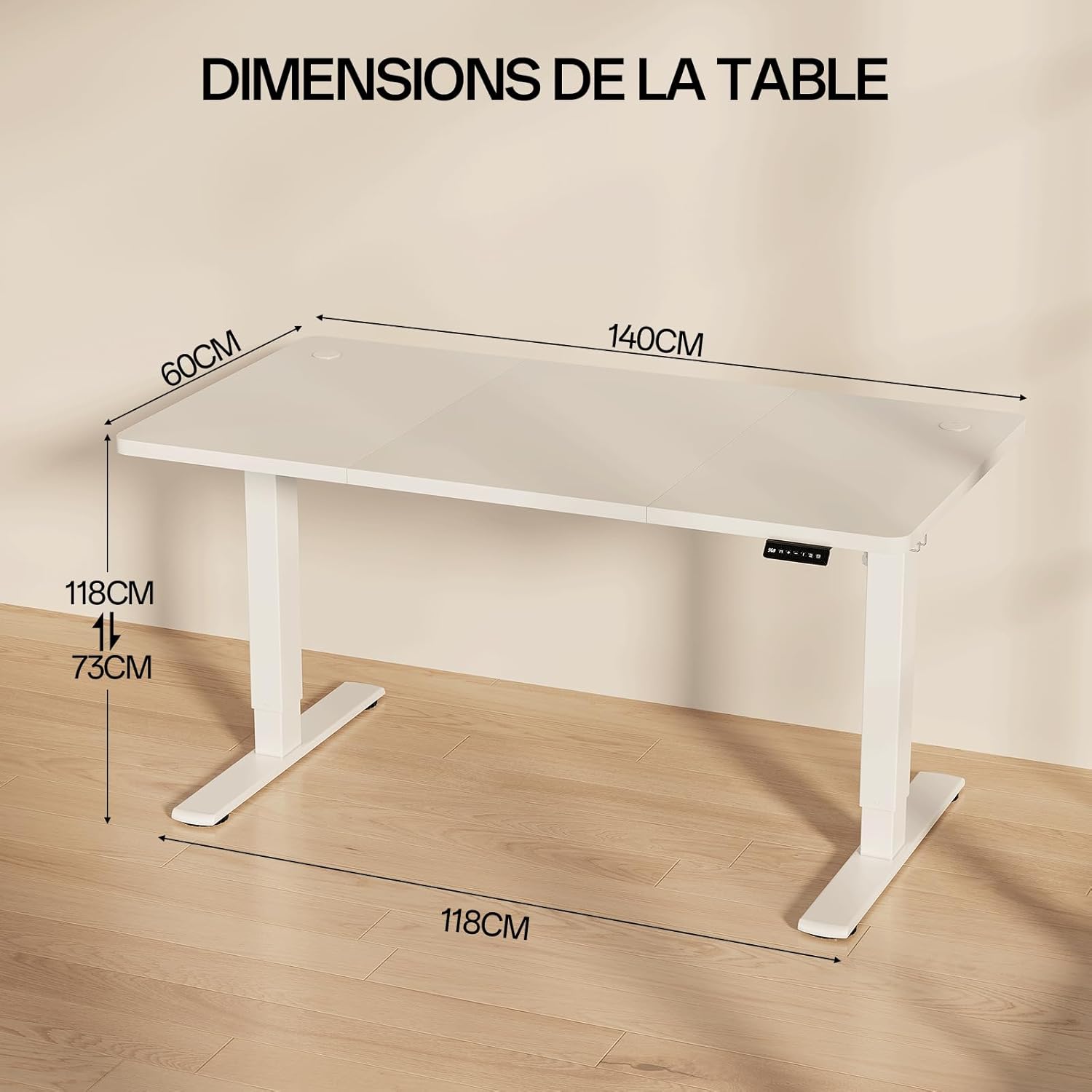 Diagram showing the dimensions of the Homall Electric Standing Desk: 140cm length, 60cm width, and adjustable height from 73cm to 118cm.