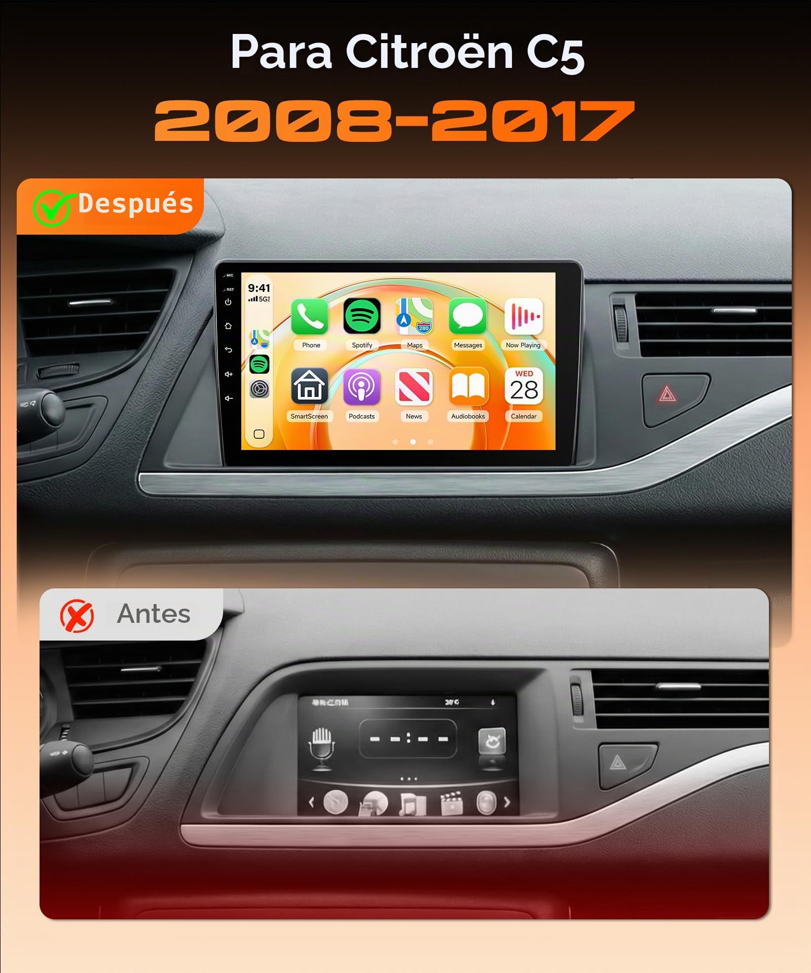 8Core 6G+128G Android Radio Coche para Citroen C5 2008-2017 Inalámbrico Carplay Android Auto GPS Navi WiFi 360° Panorámica 10 Pulgadas Pantalla Táctil Radio Bluetooth FM/RDS/DSP EQ/SWC Cámara Trasera