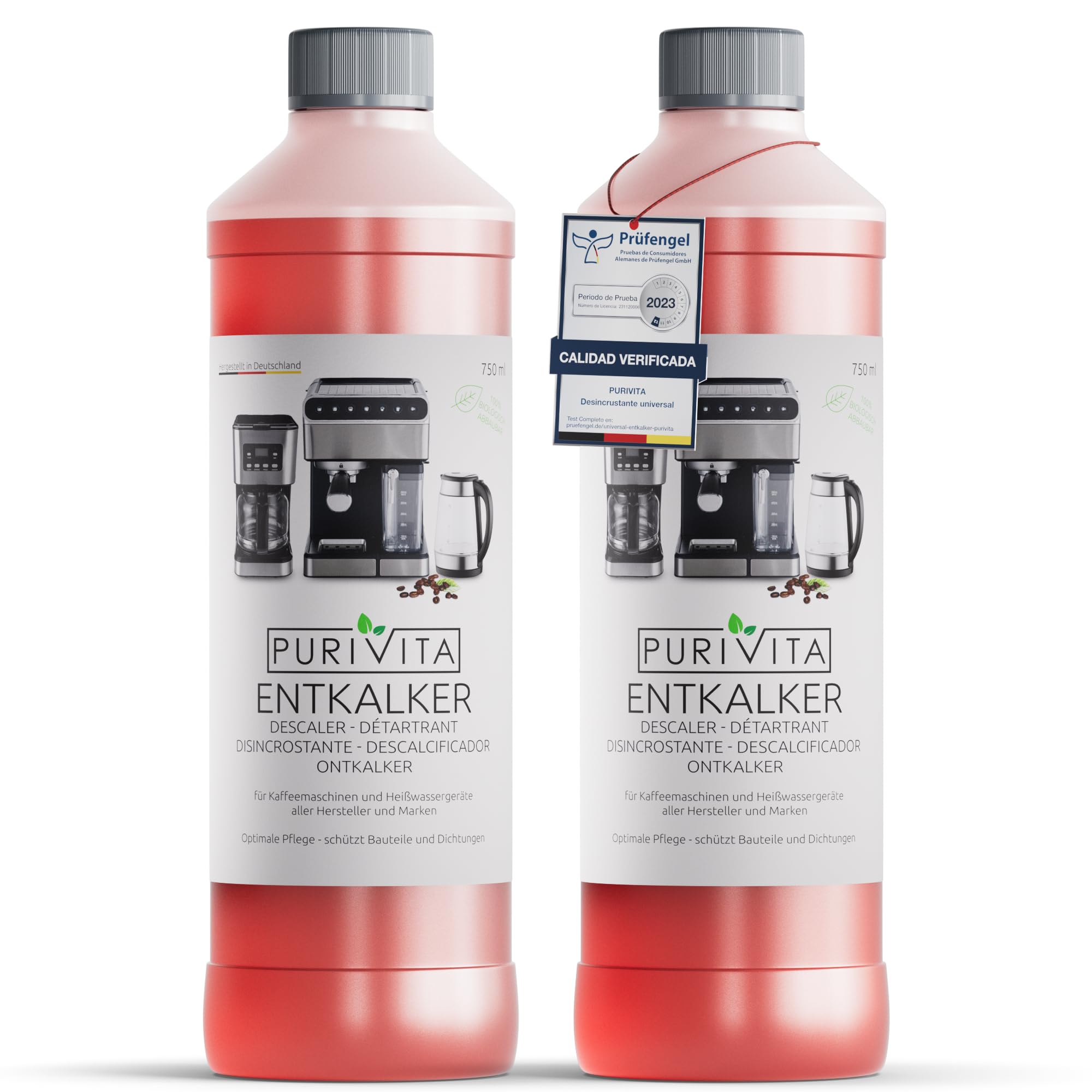 PURIVITA® Descalcificador Universal Cafetera y Hervidor, 2x750 ml | Descalcificador antical para cafeteras, máquinas de café, espresso y monodosis – indicador de color, dilución 1:4 Compact by Design (certificación desarrollada por Amazon)