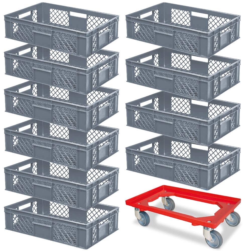 BRB Lot de 10 bacs euro, L x l x H 600 x 400 x 150 mm, qualité industrielle, qualité alimentaire + 1 chariot de transport avec planche en plastique ABS incassable (gris/rouge)