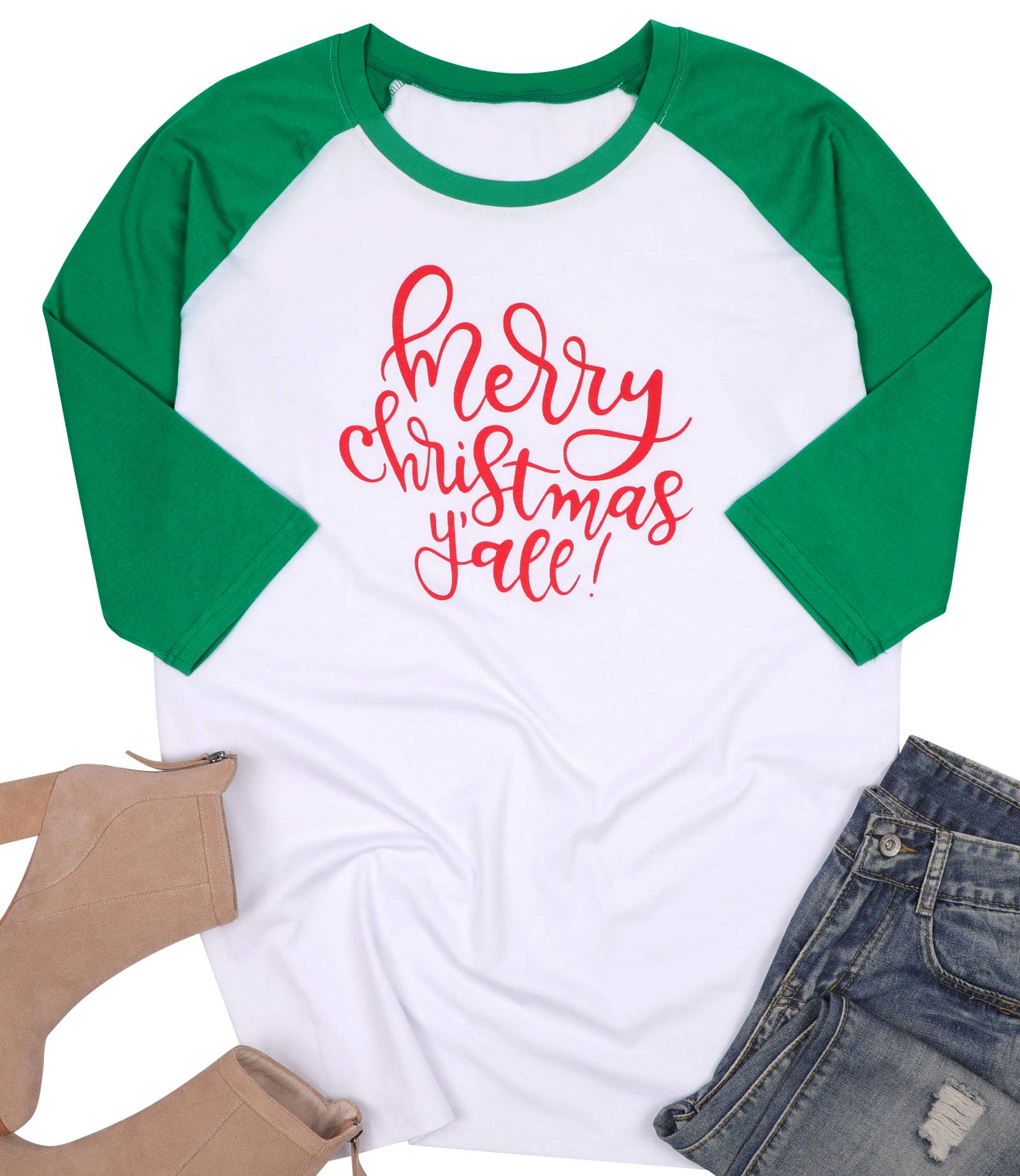 MNLYBABY Women Plus Size Merry Christmas Y'all O-Neck Baseball T-Shirt 3/4 Raglan Sleeve Letters Print Top for Women