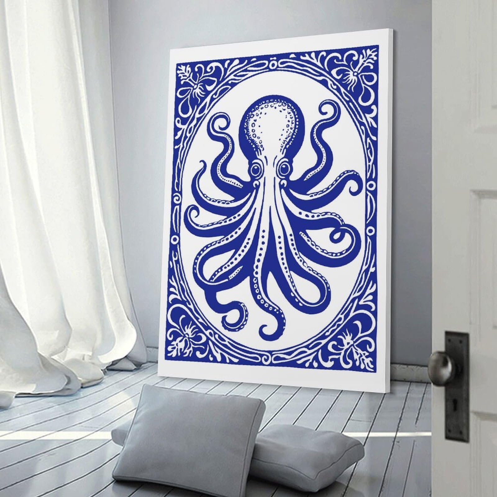 Junmoney Blue Octopus in Decorative Frame Canvas Wall Decor 24x36inch(60x90cm), for Entrance Walls, Hall Decor Or Foyers, Wall Decor to Refresh Empty Corners