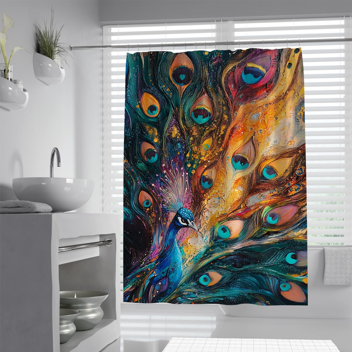 UIRINGART Peacock Bathroom Curtains W200xL240cm Abstract Colorful Oil Painting Feathers Waterproof Quick Dry Easy Clean Fabric Shower Curtain Bath Decor with Hooks