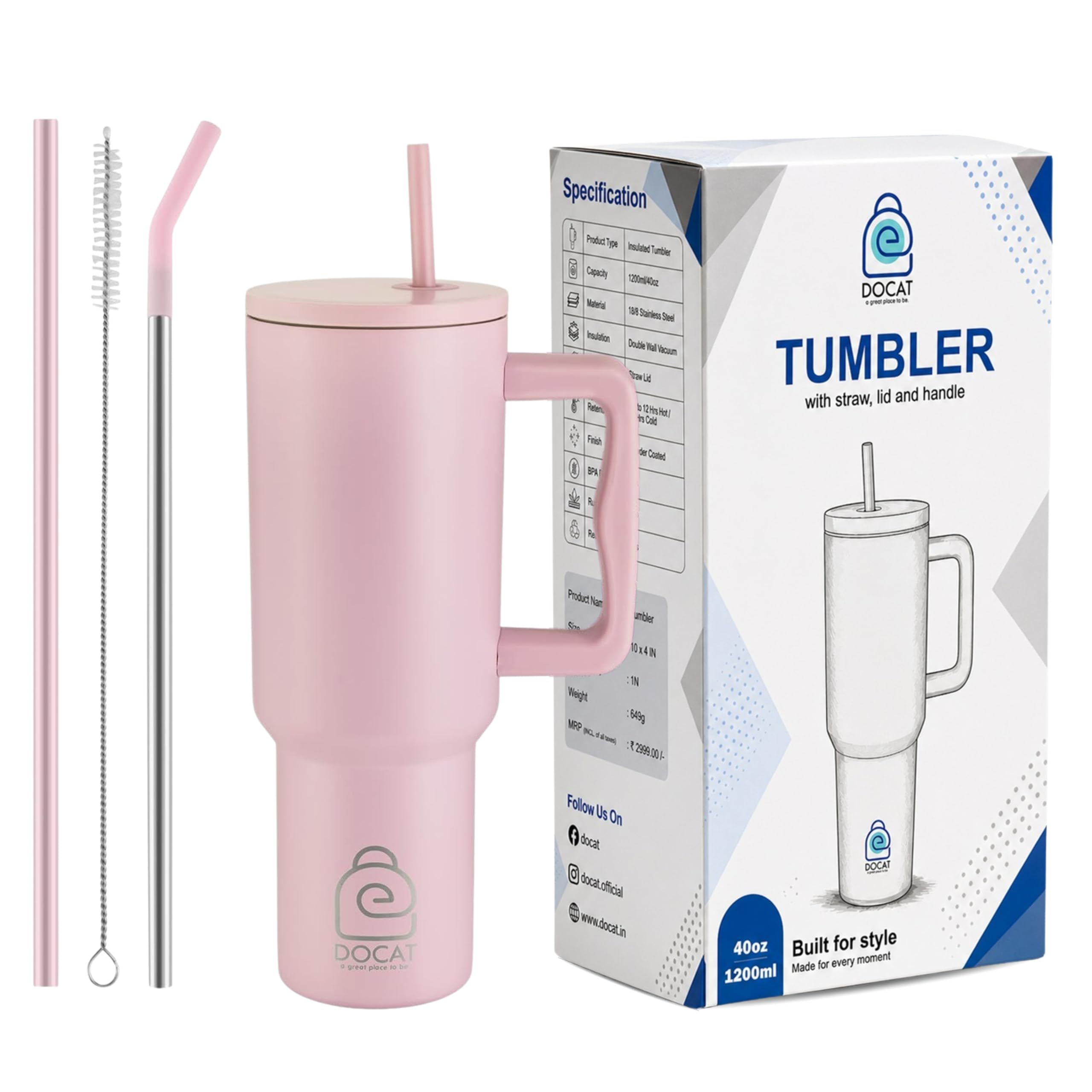 DOCAT 1200ML Stainless Steel Tumbler with Lid and Straw, Hot and Cold Double Insulated Sipper Mug, 100% Leak Proof Coffee Tumbler Cupholder for Office, Gym, Travelling (Blush Pink)
