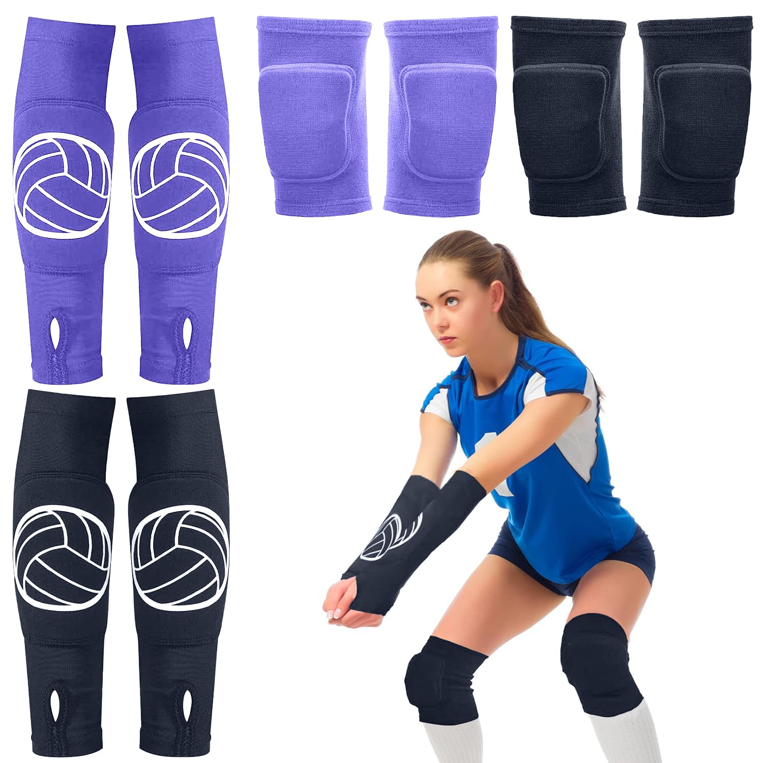 Sosation 2 Set Volleyball Knee Pads and Volleyball Arm Sleeves with Protection Pad Compression Forearm Wrist Guard with Thumb Hole Soft Breathable for