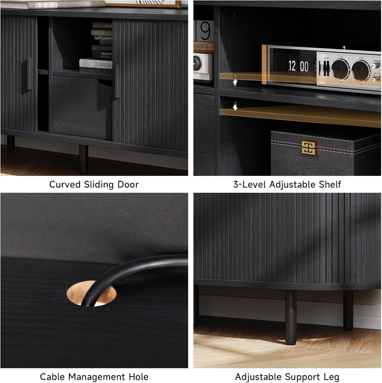 ONBRILL 69" TV Stand with Power Outlet for TVs up to 80", Entertainment Center with Storage and Drawer, TV Console with Adjustable Shelves and Sliding Door, TV Stand for Living Room, Bedroom, Black - Image 4