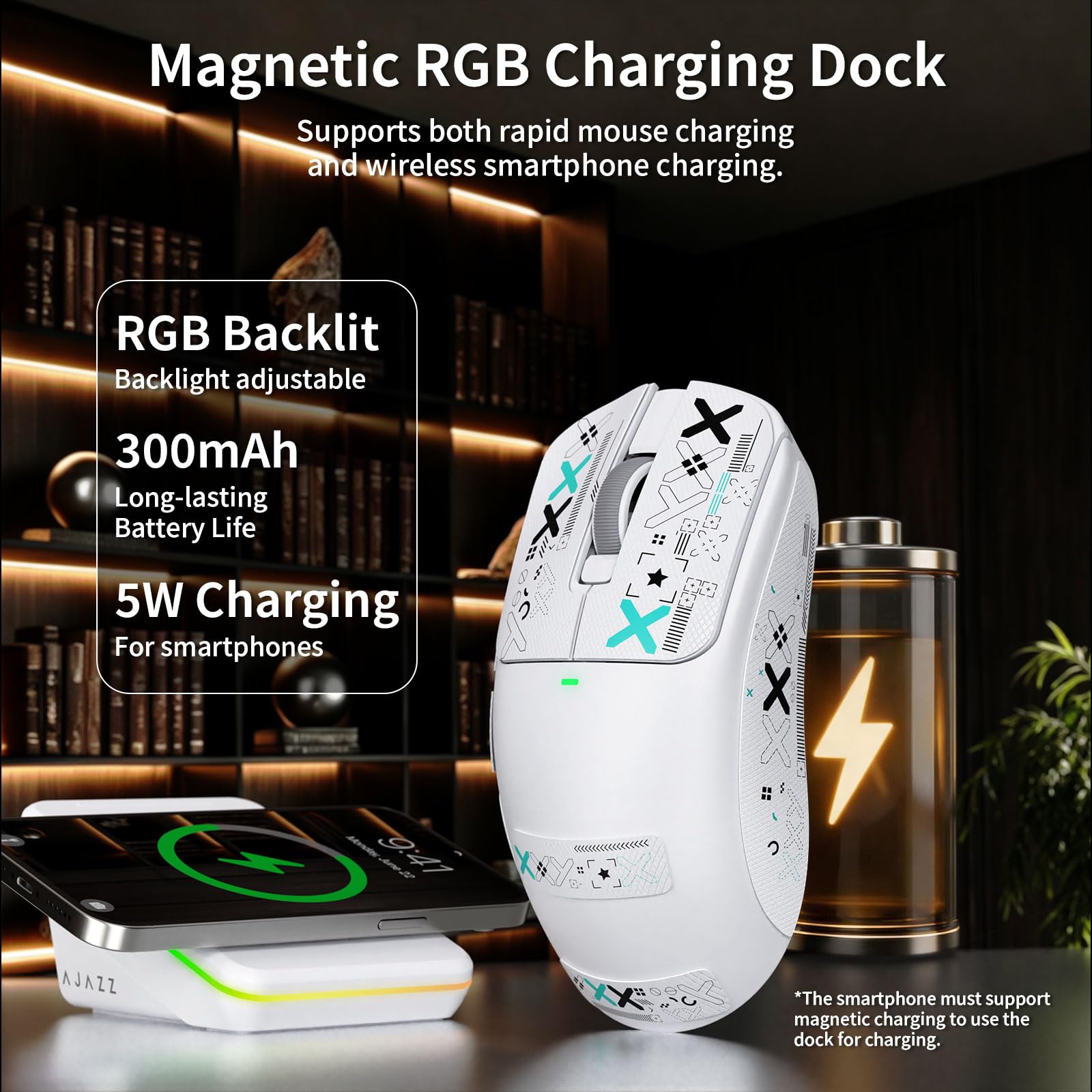 A.JAZZ AJ200P Ratón Gaming Inalámbrico con IA Prompt y Base de Carga RGB | BT/2,4G/Cable, Ligero Ratón con Entrada de Voz IA, Sensor PAW3311, 24K DPI, 1000Hz para Oficina/Juego - Cinta Grip / Blanco