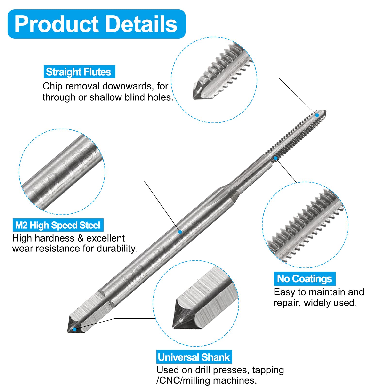 Set di Punte e Maschi per Filettare M2 x 0.4, Flauto Dritto, HSS-6542, Rivestimento in Titanio