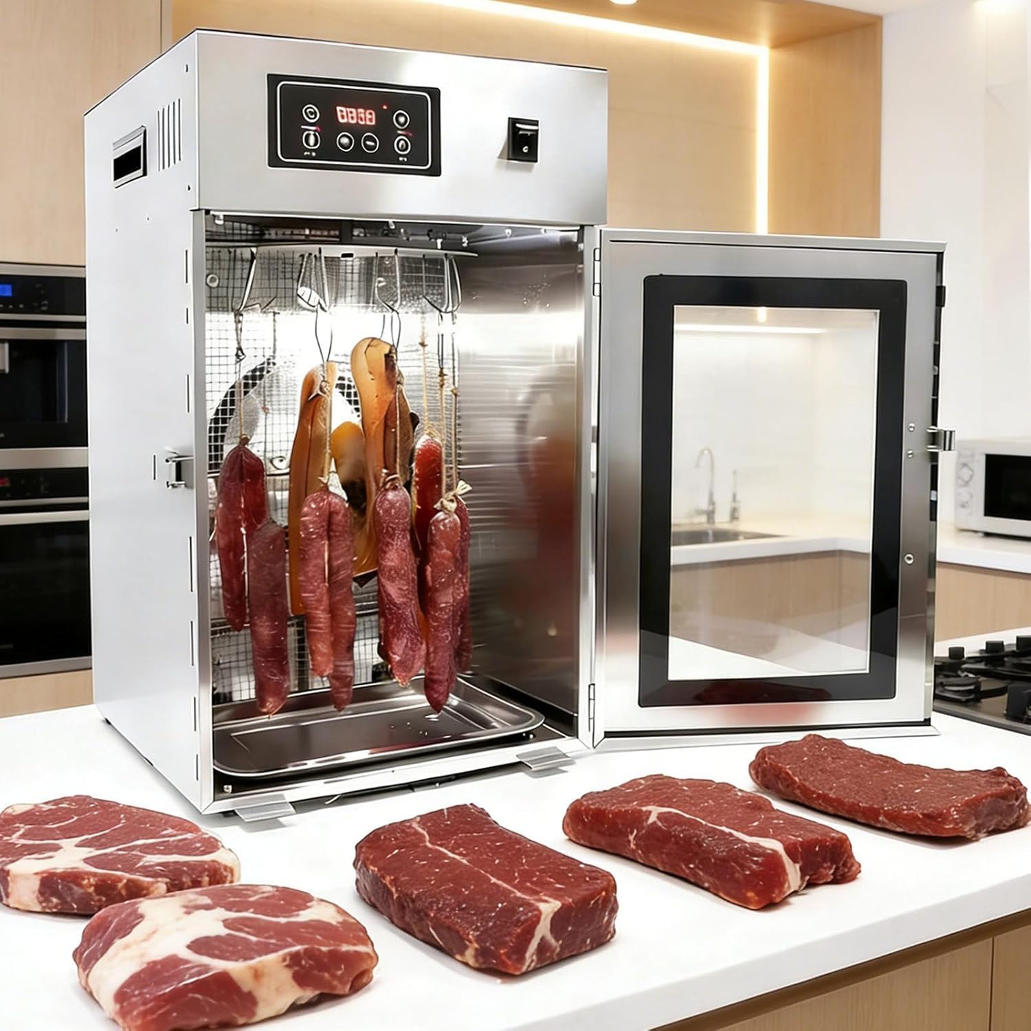 Suyaoquant Food Dehydrator Cabinet with Timer, 800W Food Drying Box, 14 Hooks & 30-90°C Temperature &7.5kg Large Capacity - for Jerky, Dry Aging Meat, Sausages, Bacon