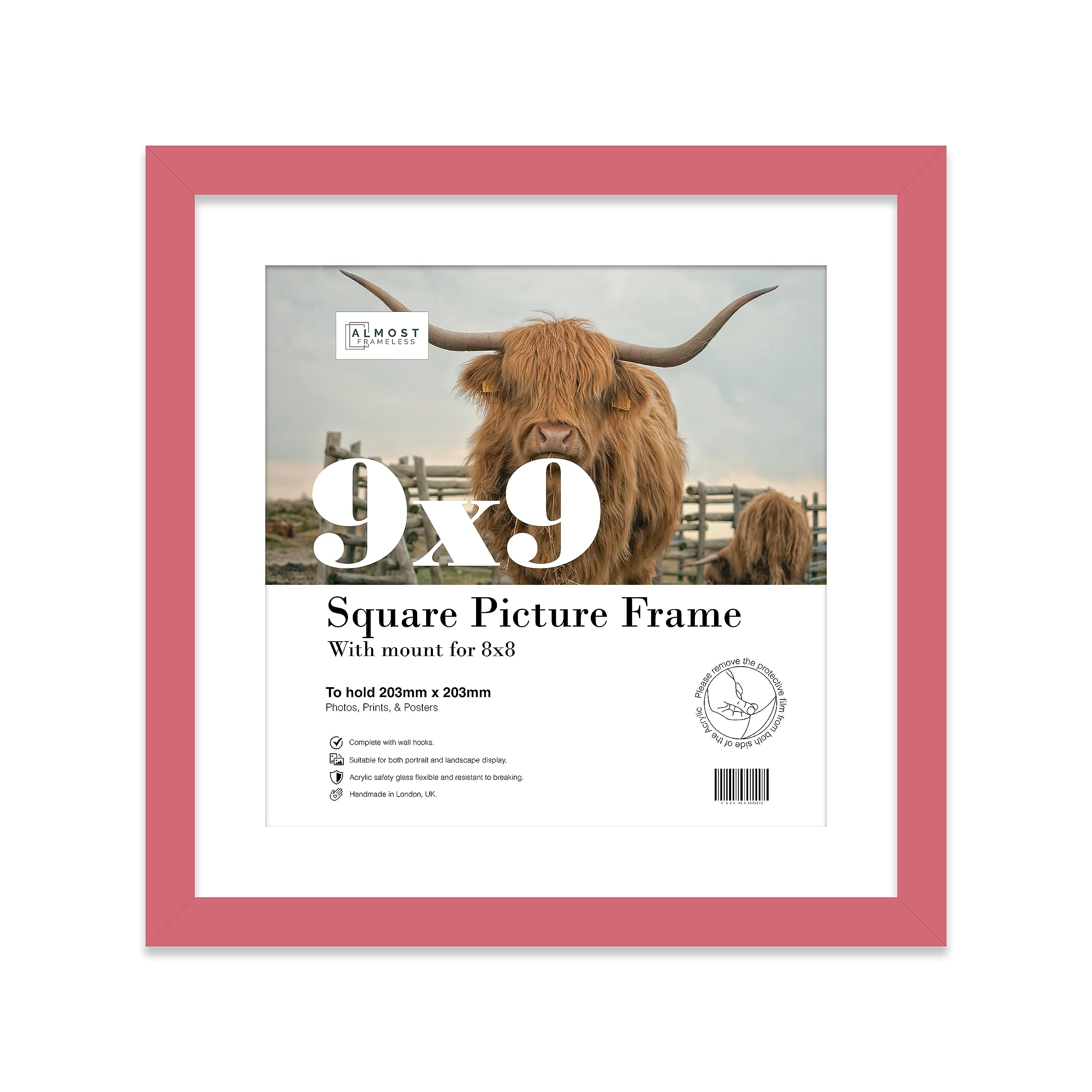 Almost Frameless 9x9 Picture Frame, Display Pictures 8x8 With Mat or 9x9 Without Mat, Wall Hanging & Free Standing Photo Frame, Pink, 1 Pack