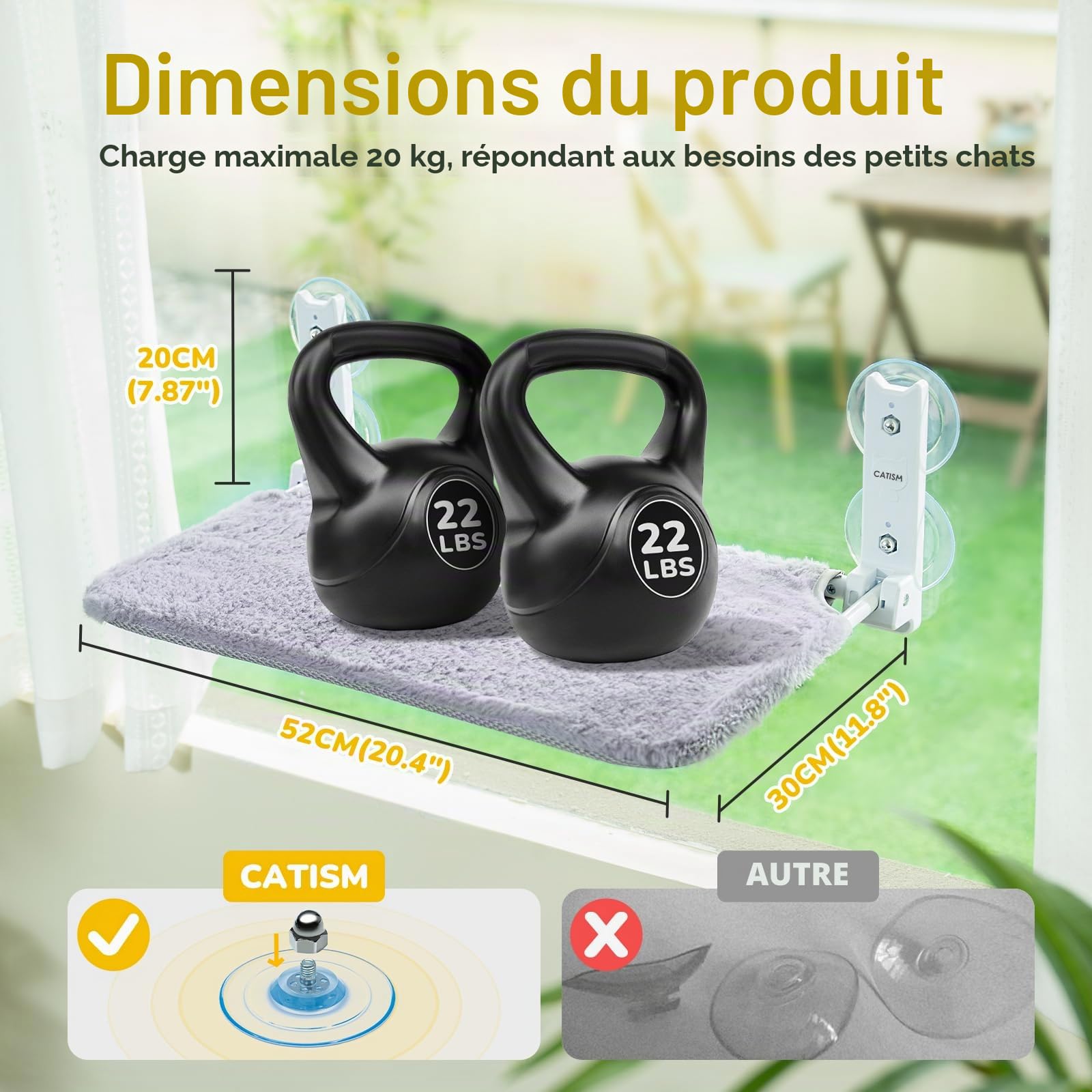CATISM Pliable Hamac Chat Fenetre Jusqu'à 20kg, Hamac pour Chat Renforcé avec Ventouse Puissante, Coussin en Tissu Double Face, Sac de Couchage pour Chats (52 x 30), Gris