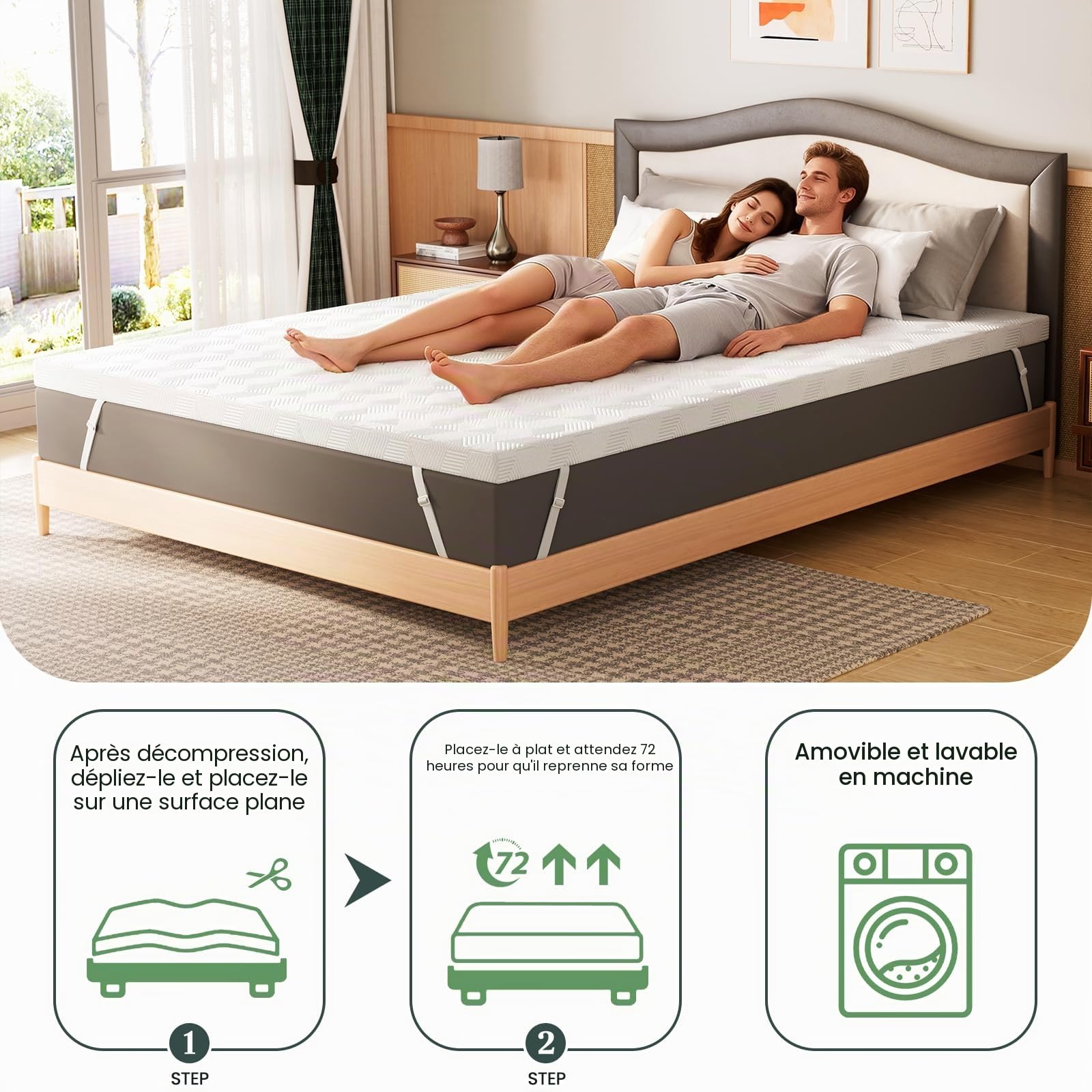 Surmatelas en Mousse à Mémoire de Forme et en Gel Refroidissant 160x200cm Matelas avec Housse Amovible - Épaisseur de 7.5cm