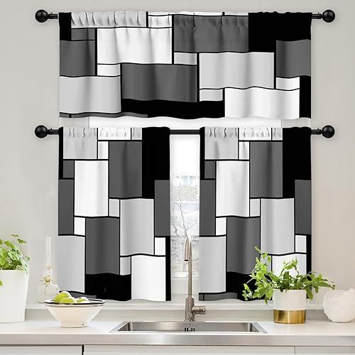 FYATHM Juego de 3 cortinas de cocina color negro y gris para ventanas, cenefa y juego de niveles de 36 pulgadas, moderno con bolsillo para barra,