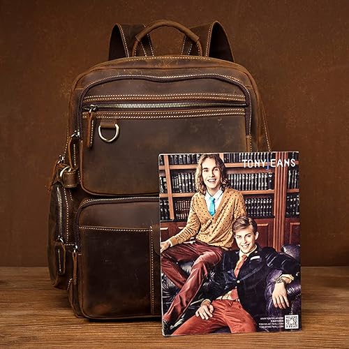 Miniatura 7 de Mochila de cuero vintage para hombre, mochila casual para laptop de 15.6 pulgadas, mochila de viaje, mochila de viaje para negocios, trabajo,