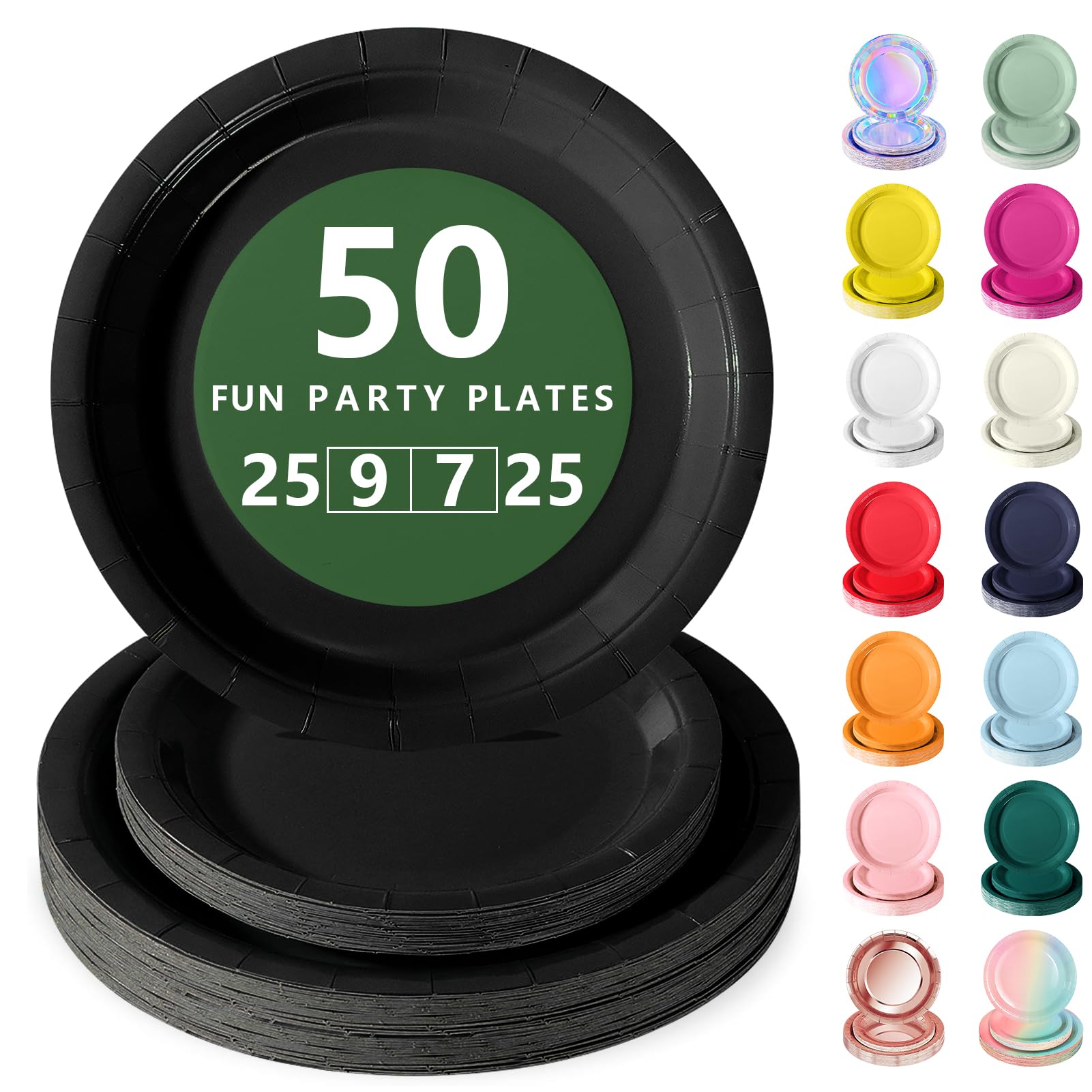 Nkaiso Disposable Paper Plates 50 Pack, Black Party Plates Dinner Set - 25x9inch & 25x7inch Plate Elegant Disposable Tableware for Birthday, Wedding, Christmas Party Supplies