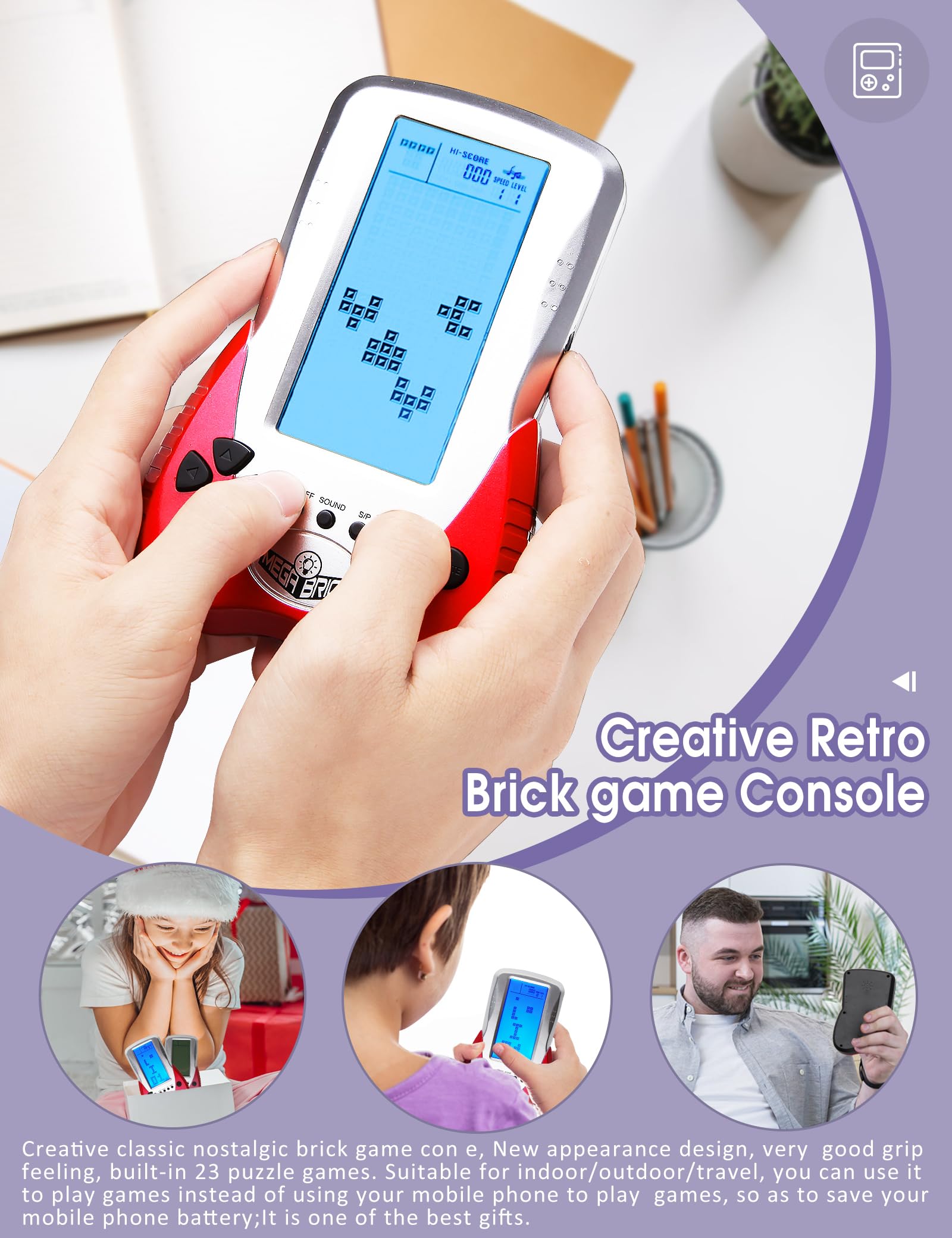 HLF Nueva Consola de Juegos de Ladrillos, Pantalla Grande, el Brillo de la retroiluminación Azul se Puede Ajustar en 23 Juegos compatibles con batería de Litio y baterías AAA (Rojo)