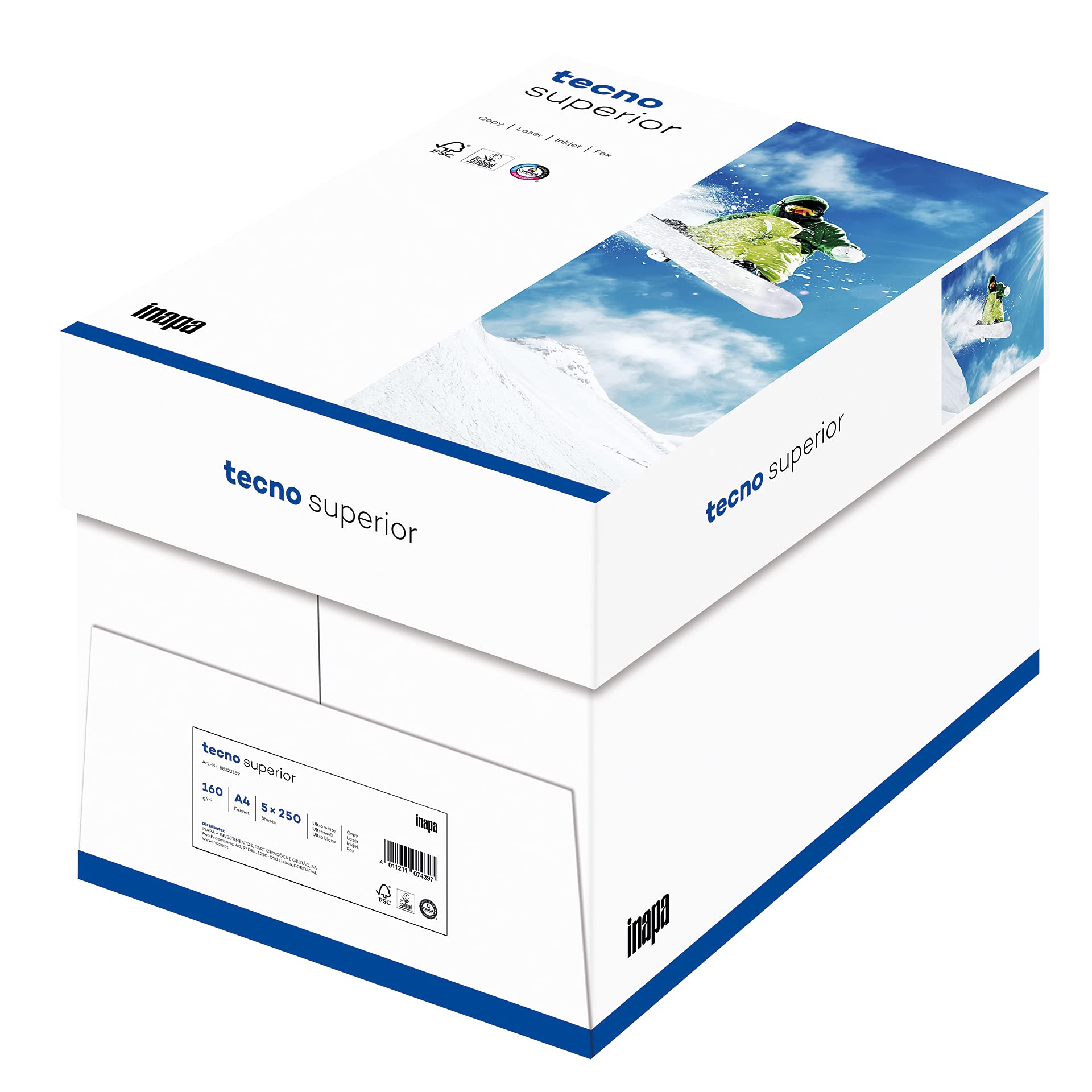 inapa Drucker-/ Kopierpapier tecno Superior: 160 g/m², A4, 1.250 Blatt (5x250), hochweiß