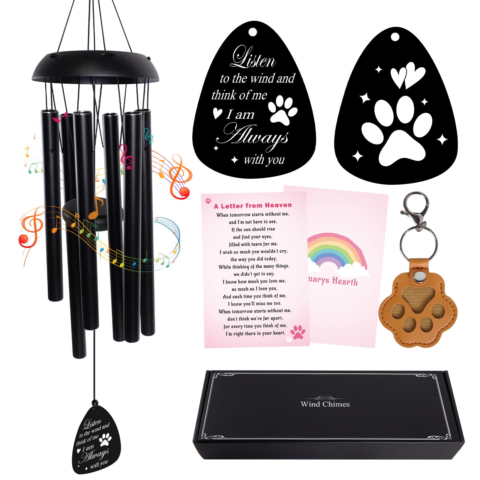 Dog Memorial Gifts for Loss of Dog, 32' Cat Memorial Wind Chimes Sympathy Gifts, Pet Remembrance Bereavement Condolence Gift in Memory of Dogs Cats with Gift Card & Fur Storage Keychain