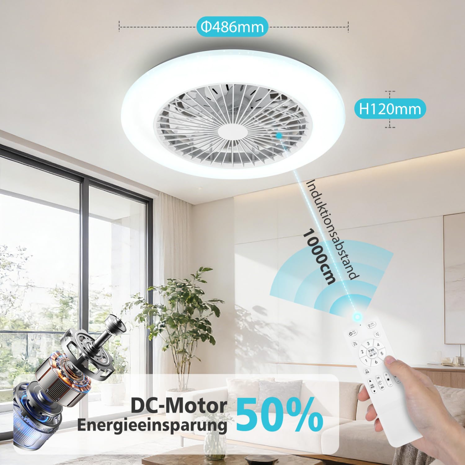 Aigostar Ventilador de Techo con Luz y Mando, Plafón LED 40W RGB+CCT Regulable, Motor Silencioso, 7 Aspas, Temporizador, 19.5" Blanco