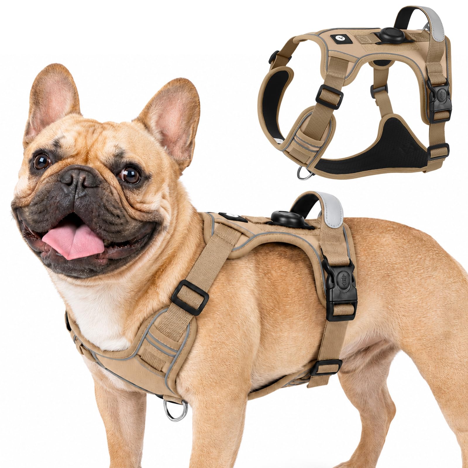 Olcyren No Pull Dog Harness with AirTag Holder, Adjustable Anti Pull Soft Padded Dog Harness with Front Clip, Reflective No-Choke Pet Vest Harness with Handle for Small Medium Large Dogs (Khaki, M) — image 1