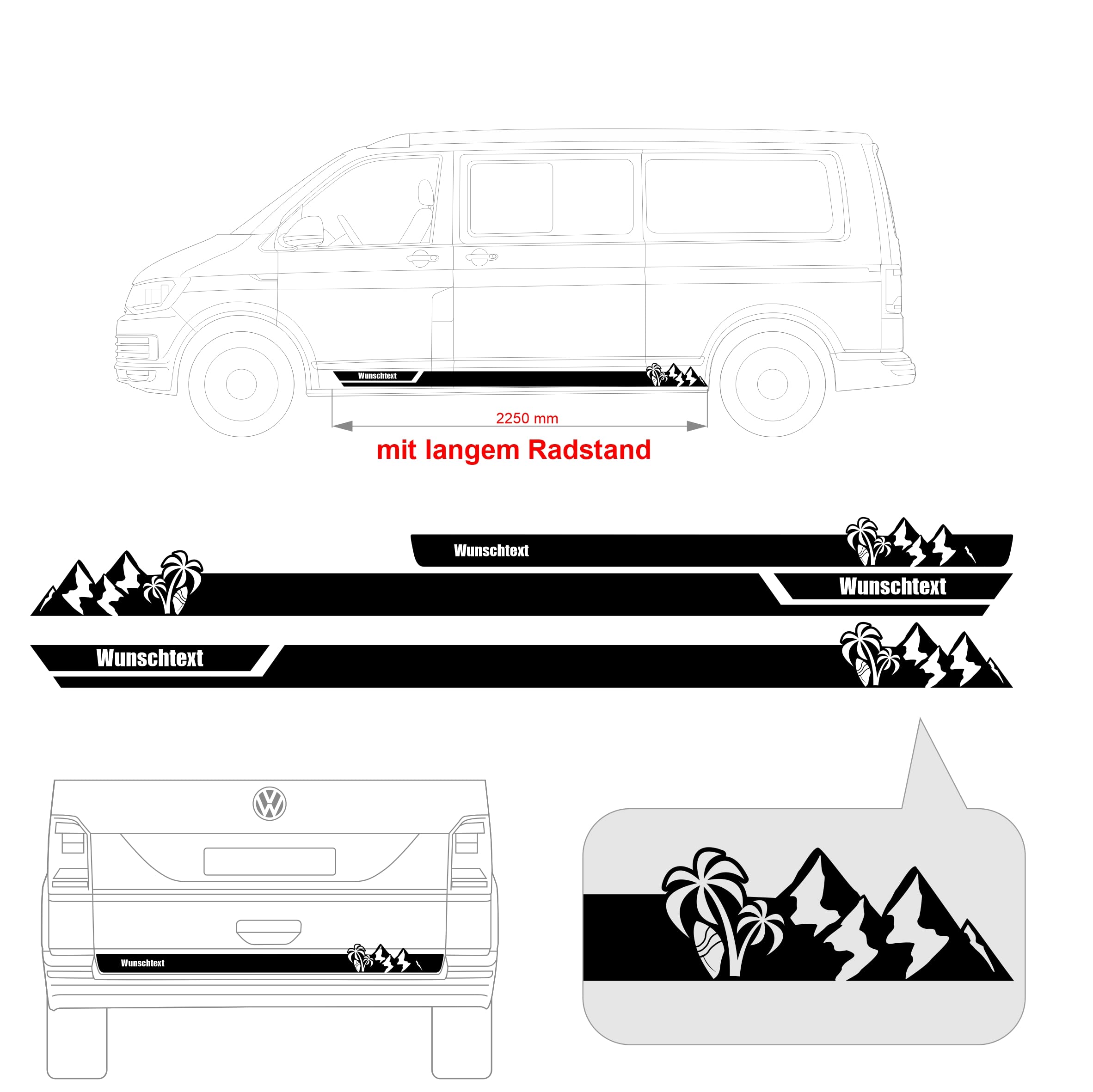 Seitenstreifen Aufkleber Berge-Palme-Surfbrett passend für VW T6.1, T6, T5, Multivan, Bulli, Transporter - Seitenaufkleber mit WUNSCHTEXT