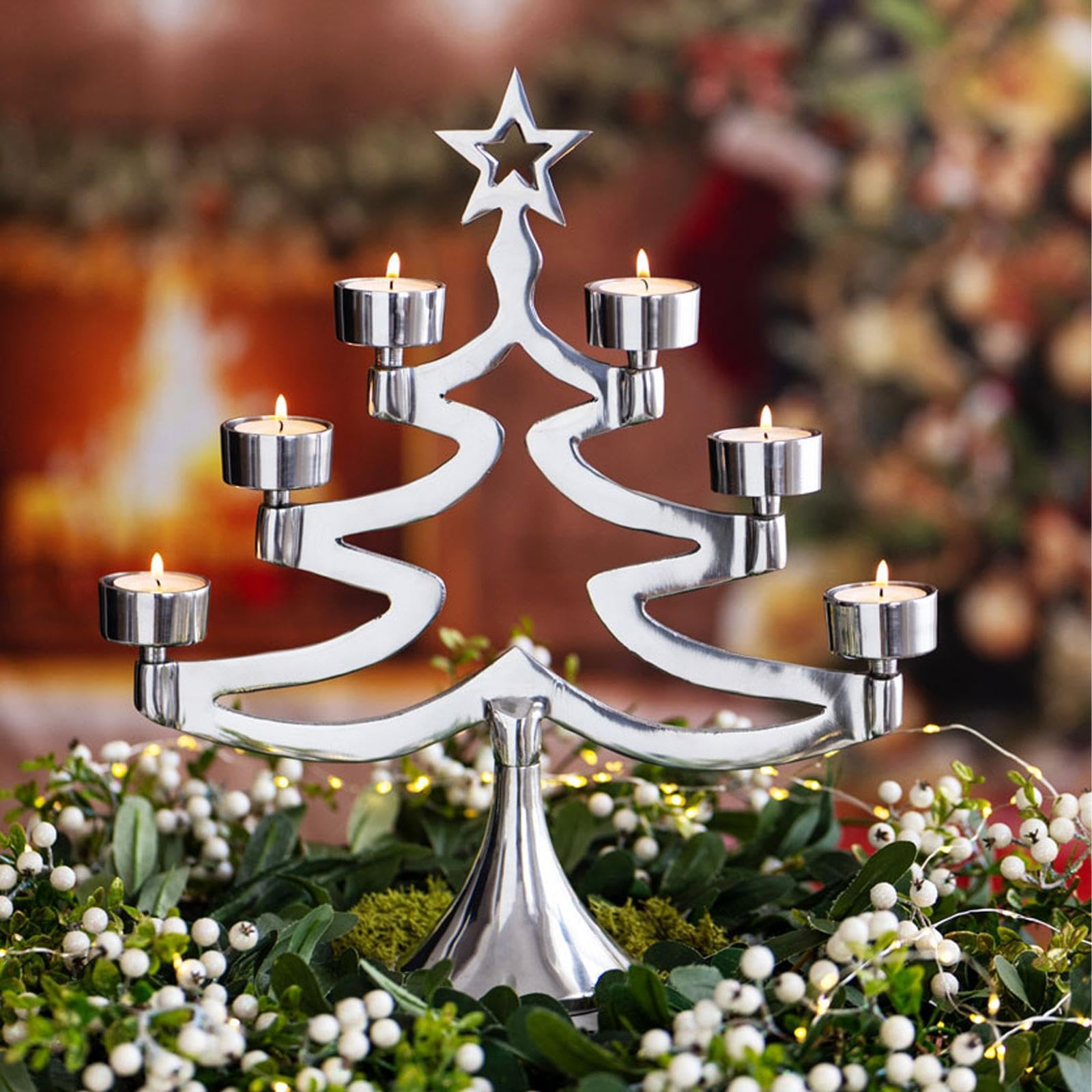 Teelichthalter 39 cm für 6 Teelichter - silberner Aluminium Teelichtständer in Tannenbaum-Form - Kerzenhalter ideal für die winterliche oder weihnachtliche Dekoration