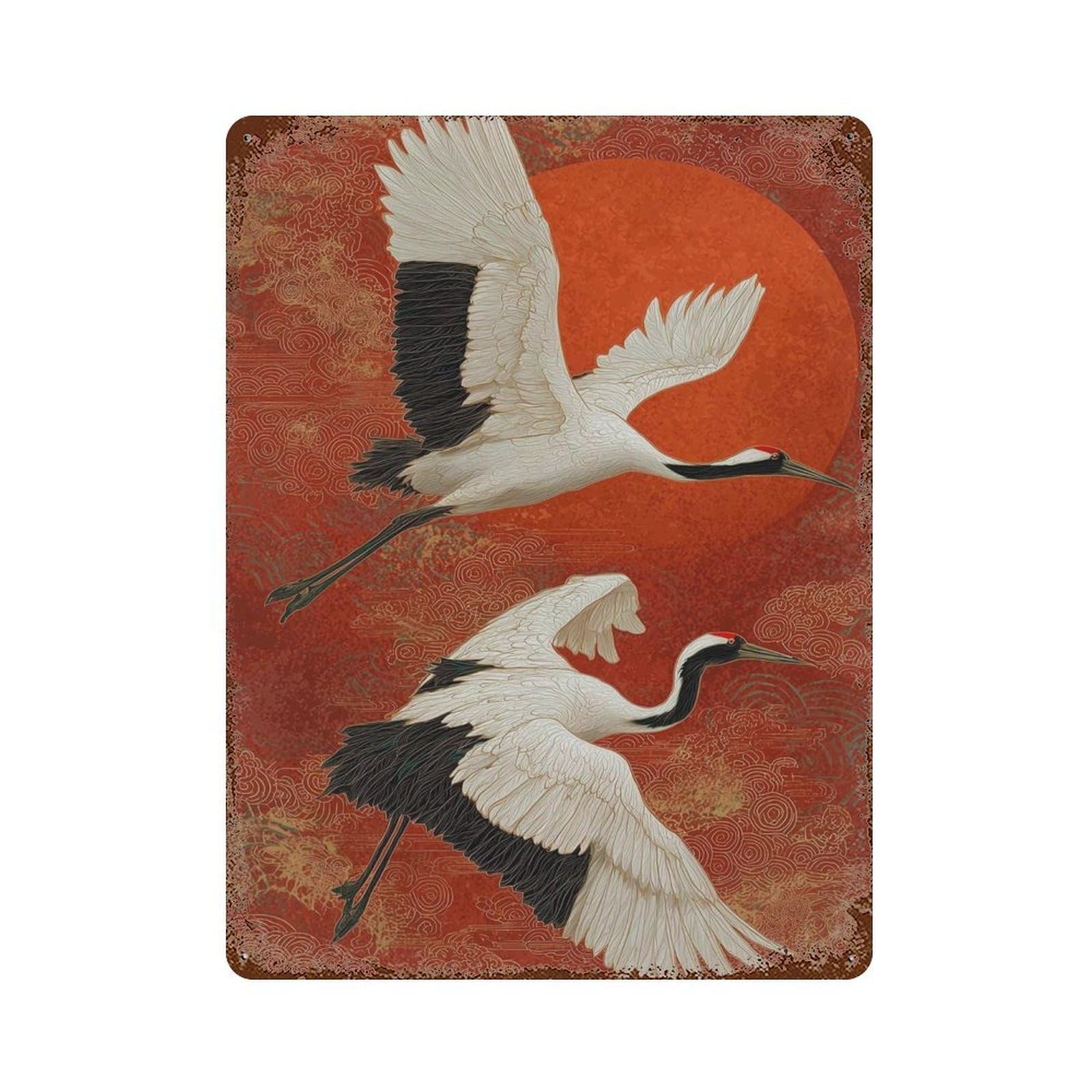 xiaoxiaoshen Japanese Crane Red Sun – Elegant Oriental Bird with Flying Cranes & Gold Pat Wall Decor Art Metal Tin Poster Modern Home Decor Art Home Bar Shop Decorations Vintage Sign 40x30cm