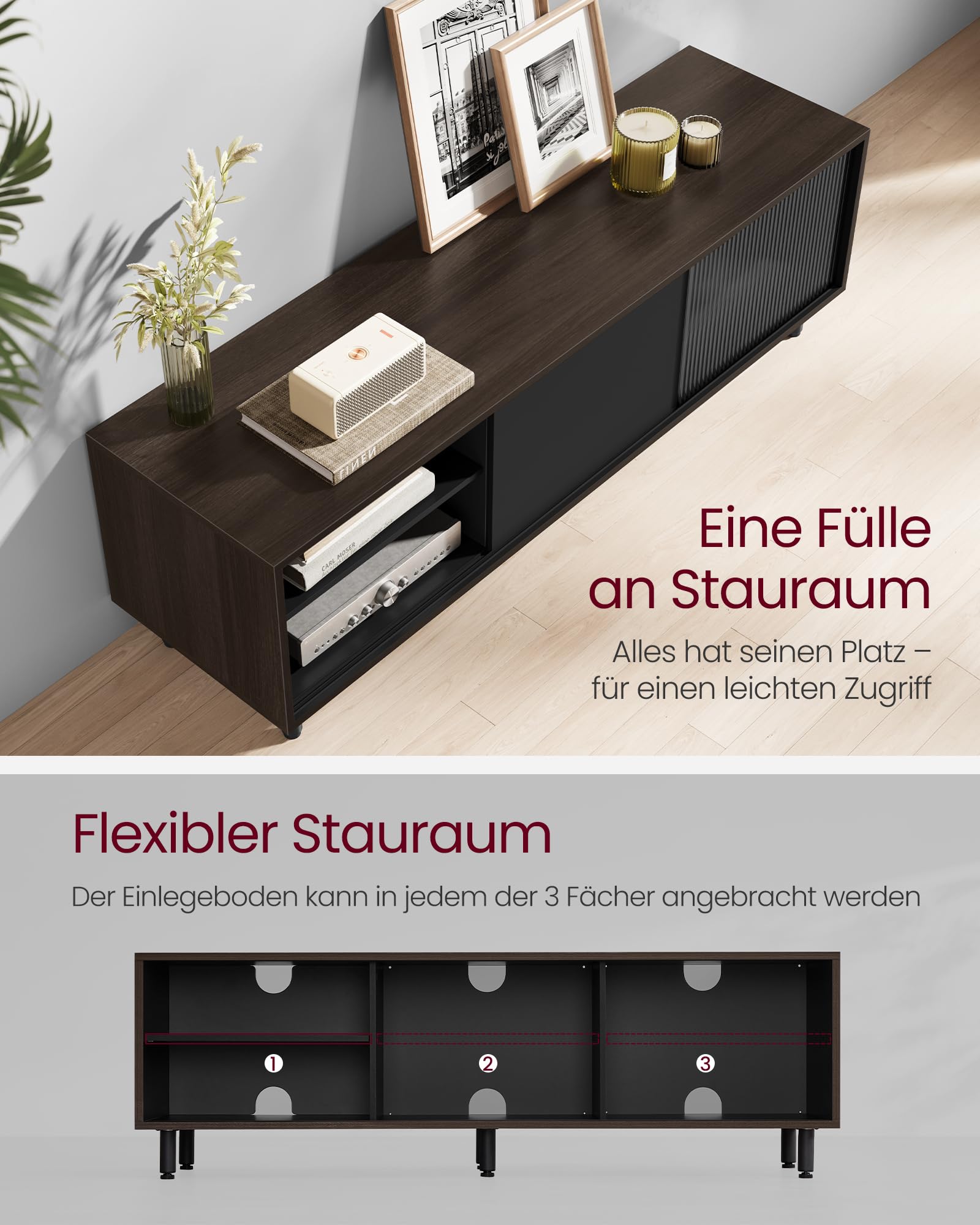 VASAGLE TV-Schrank Lowboard, Snapsemble – superschnelle Montage, Fernsehtisch für Fernseher bis 32/45/50/55/60 Zoll, Modernes Design, Wohnzimmer, Riffelglas, 140 x 39 x 45 cm, Schwarz LTV466K02
