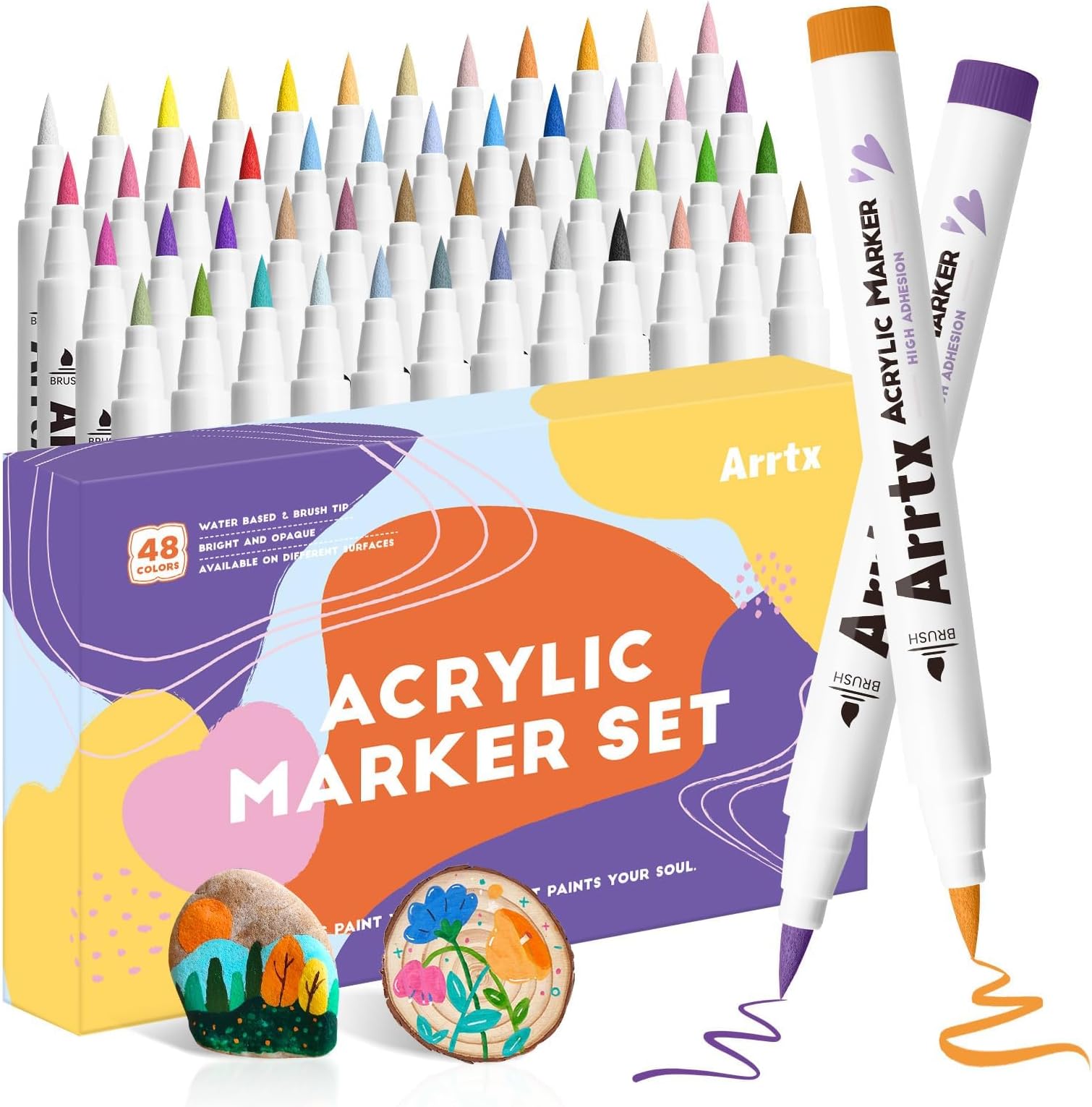 Arrtx Acrylic Paint Pen-48E Colors Acrylic Marker for Rock Painting, Brush Tip Paint Markers, Art Supplies, Fabric Paint, Fabric Markers, Waterproof Art Markers for Stone, Glass, Egg, Wood, DIY Crafts