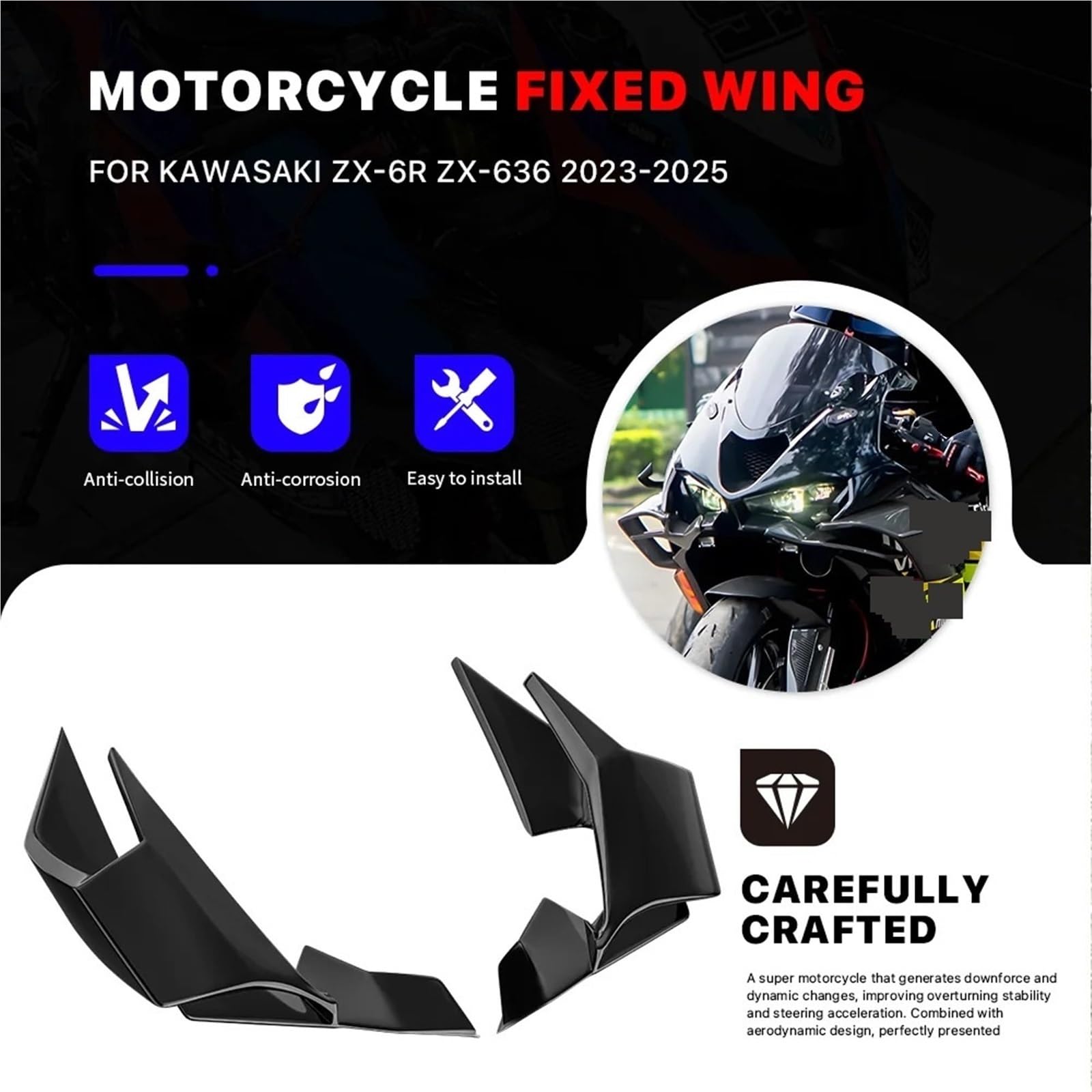 Wingletów Motocyklowych Pasuje do Kawasaki ZX-6R ZX6R ZX-636 ZX636 2023-2025 skrzydło lotki boczne Winglet Fairing przód motocykla aerodynamiczny naprawiono Spoiler Skrzydełka Motocyklowe Winglets