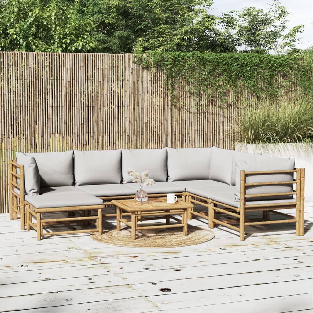 Générique Ensemble de Salon de Jardin Modulable 8 Pièces en Bambou Naturel avec Coussins Gris Clair - Canapé d'angle, Table et Pouf - Confortable et Élégant pour Jardin, Terrasse ou Balcon