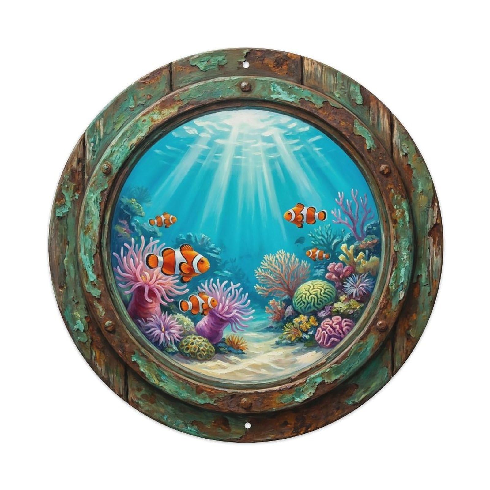 Vintage Porthole Clownfish Anemone Ship Window Undersea Deep Sea Metal Tin Sign