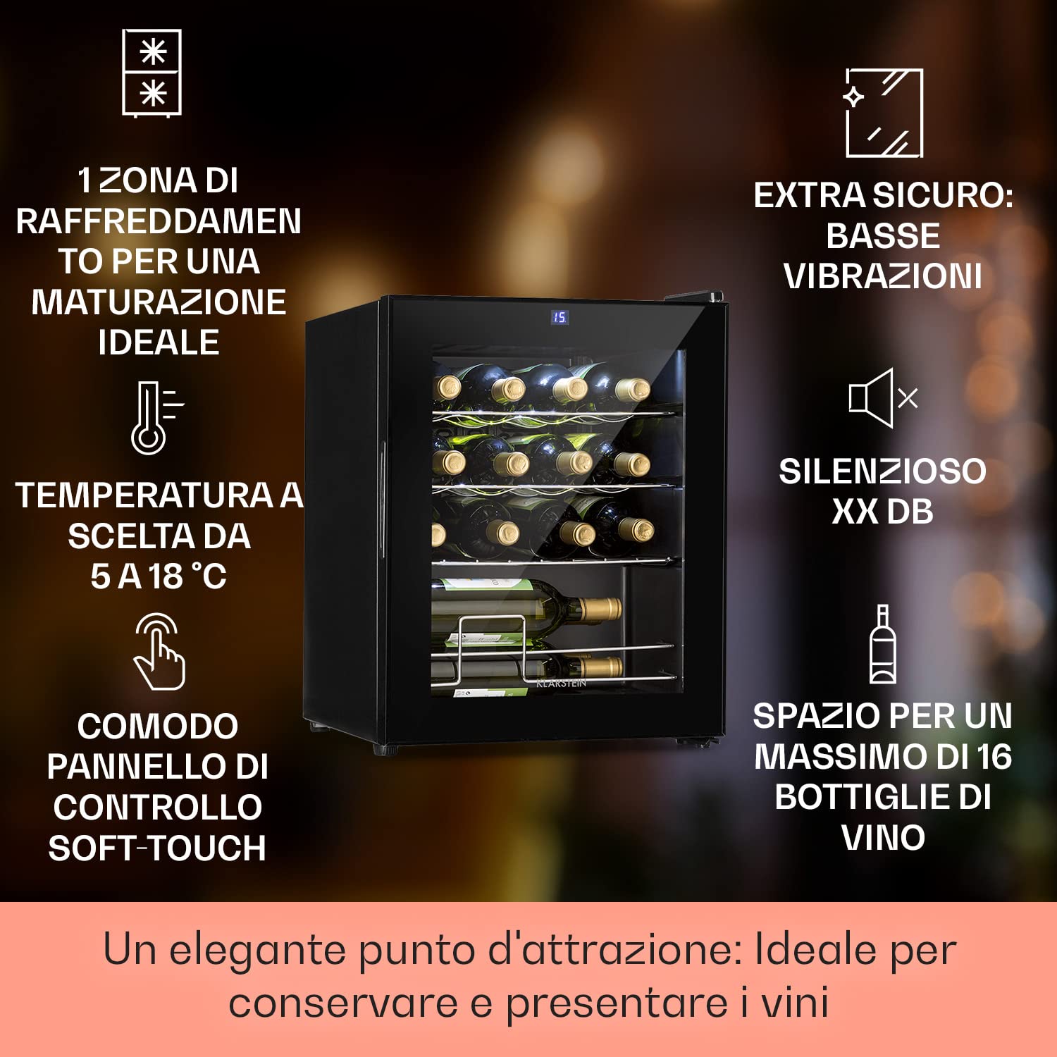 KLARSTEIN Cantinetta Vino Design, Cantinetta Vino Refrigerata a Zona Singola per Vino Rosso, Bianco e Birra, Controlli Touch, Frigo Vino Cantinetta per Esterno/Interno, 5-18°C, 42L, 16 Bottiglie