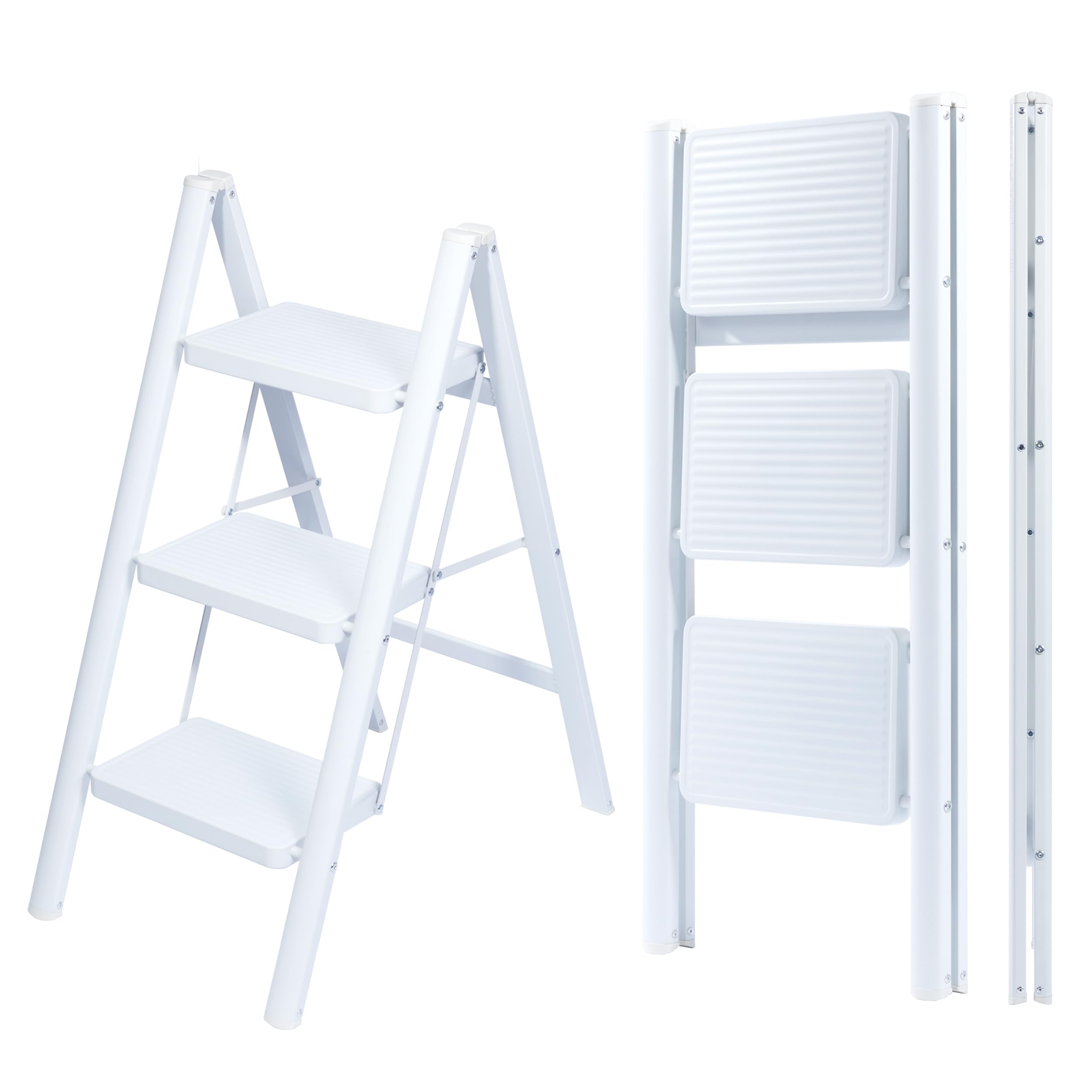 UZIRO Escabeau Pliable 3 Marches, Échelle de Sécurité avec Pieds Antidérapants, Tabouret de Step Idéal pour Maison, Cuisine, Bureau, Ladders Design Compact et Durable (Blanc, 3 Marches)