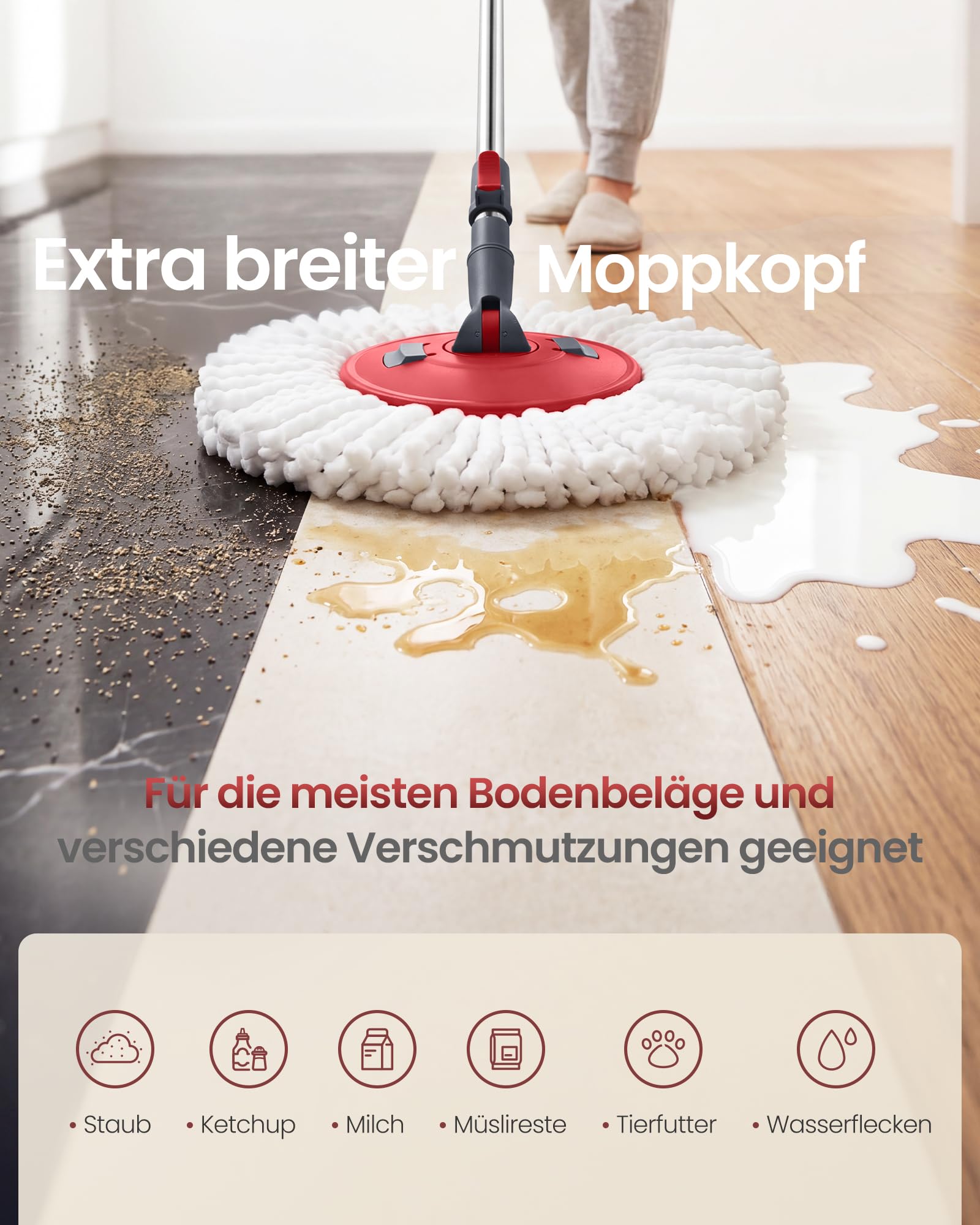 SONGMICS Wischmopp-Set mit Eimer, Bodenwischer mit Schleuder, Putzeimer mit Pedal und Auswringfunktion, Teleskopstiel 122,5-150 cm, 360°-Drehkopf, 3 Mikrofaserbezüge, grau-rot LMB002GT03
