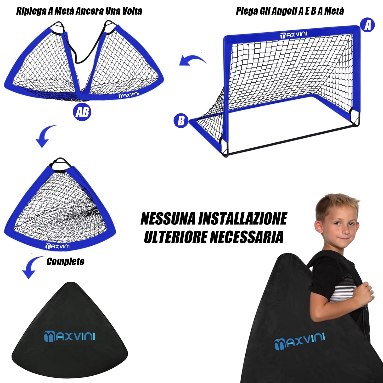 Porta da calcio per giardino e bambini, 90 x 74 x 74 cm, con aste in fibra di vetro, per interni ed esterni, set pieghevole pop-up con 6 cappelli, borsa per il trasporto, 8 ganci