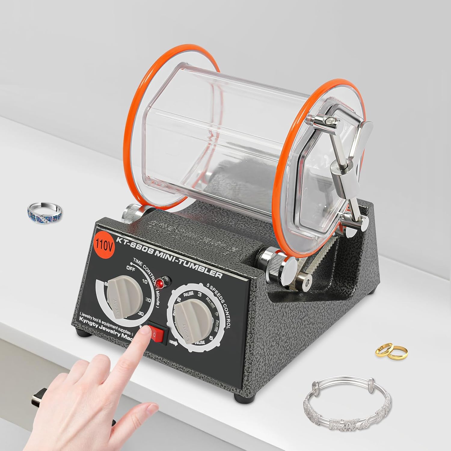 60W Rotary Polishing Machine with 200 Pcs Buffing Wheels｜5-Speed Jewelry Polisher w/Timer & Reverse Function｜Professional Metal Woodworking Tool Kit for DIY Crafts
