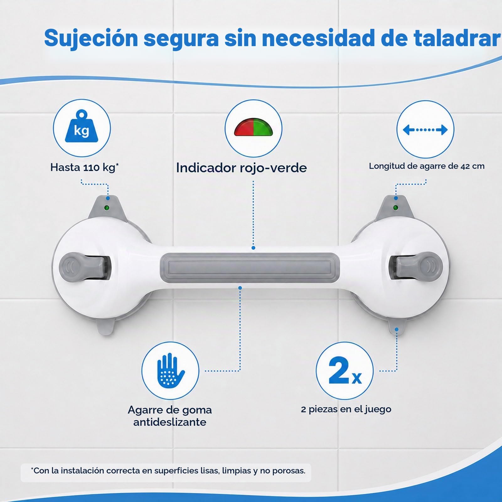 Fanwer 2 x Asidero para ducha sin taladrar 42 cm, mango de ducha con ventosa, 2025 un nuevo diseño