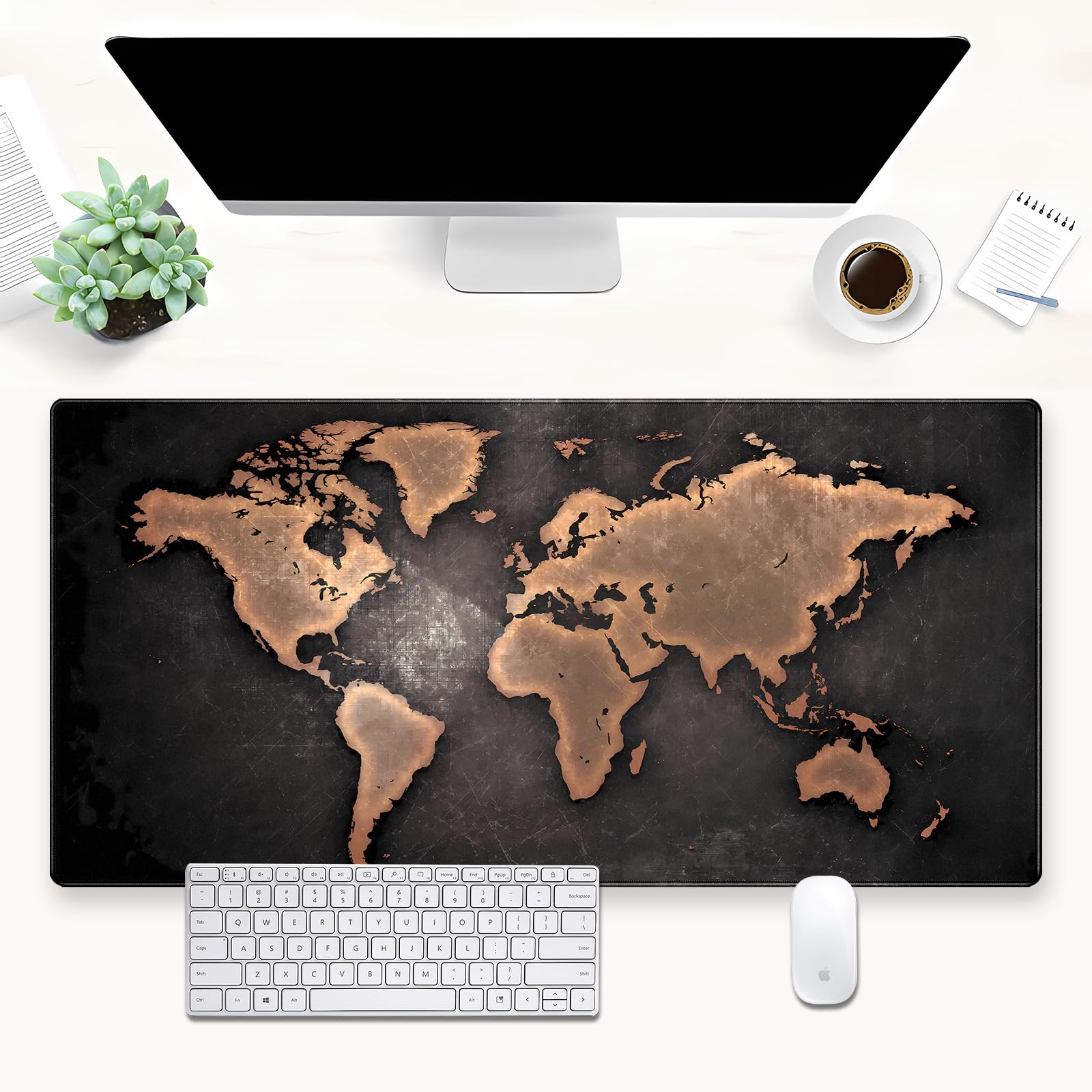 World Map Gaming Mouse Pad XXL Large Vintage Style Full Desk Mat Extended Keyboard Pad with Stitched Edges, Non-Slip Base (31.5" x 15.7")