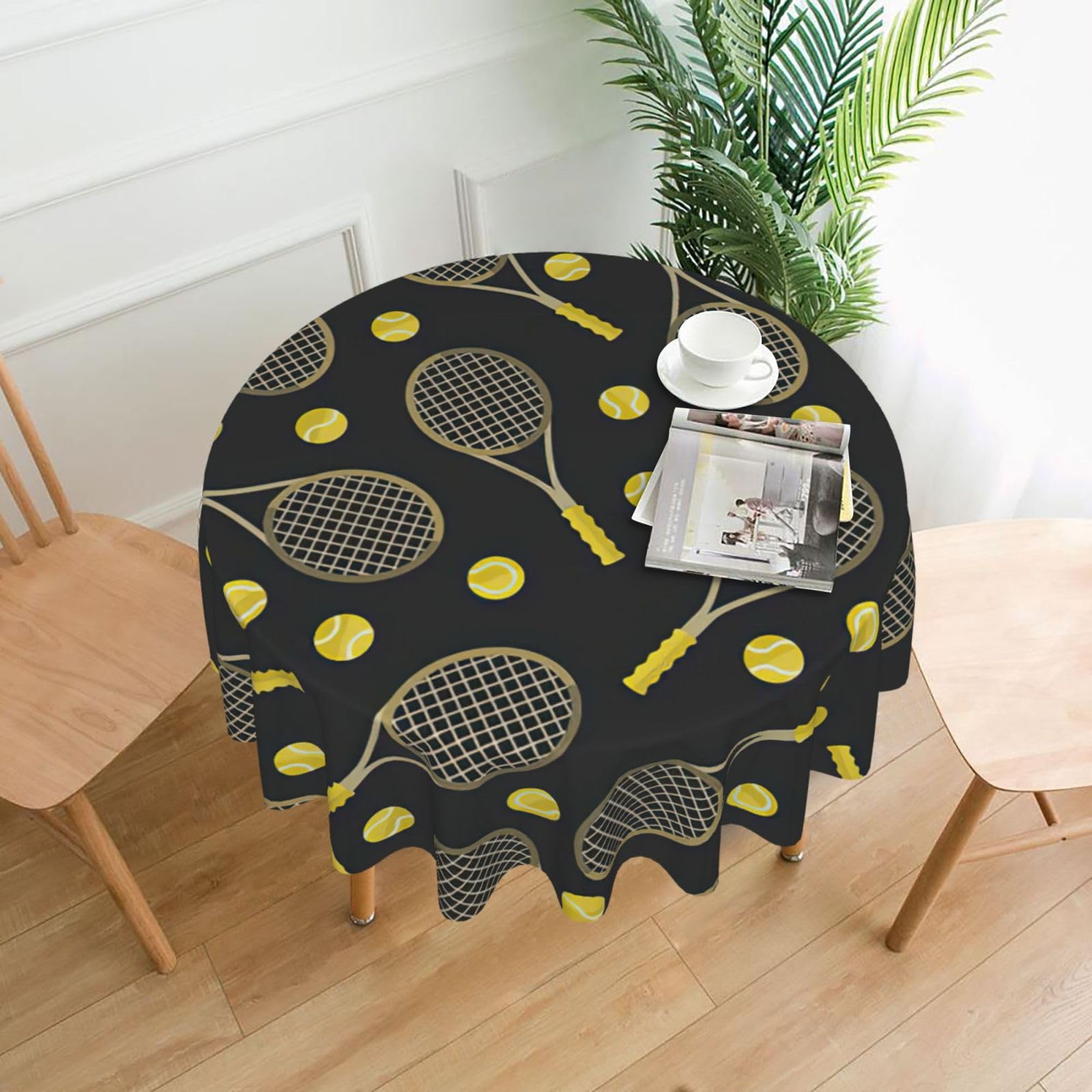 Zcmkjlg Funny Tennis Racquets and Tennis Balls Print Quick Ship Round Tablecloth 60in Polyester Washable Cover for Dining Room