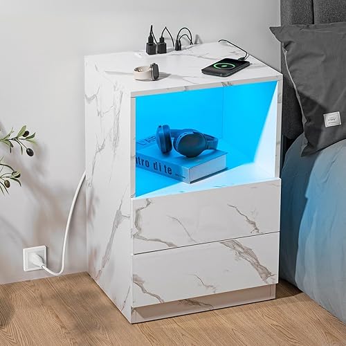 HOMMPA Mesita de noche LED con estante abierto con estación de carga, moderna mesita de noche con 2 cajones, mesa de noche de mármol blanco de alto
